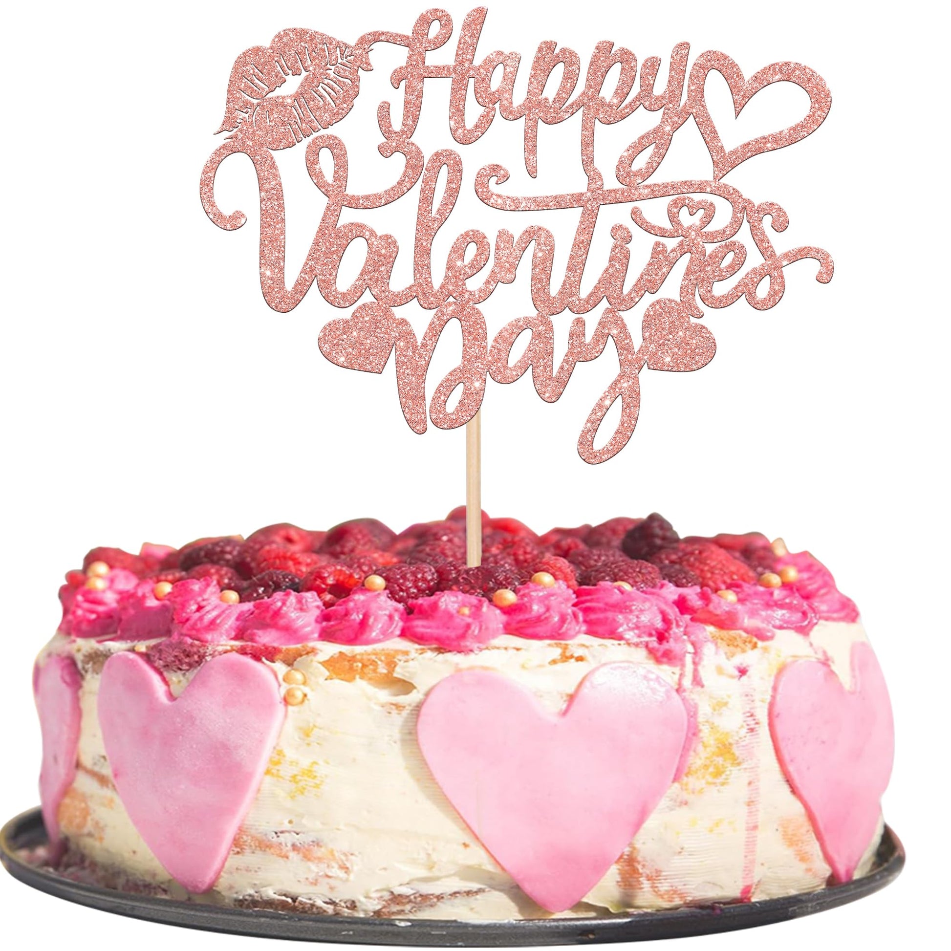 YCTHUNFISH Valentines Day Cake Topper - Glitter Sweet Heart Lips, Rose Gold, Bamboo, Engagement/Birthday Party Decorations