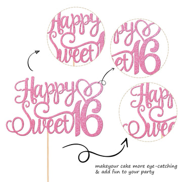 1 PCS Happy Sweet 16 Cake Topper Glitter Hello 16 Cheers to 16 Years Cake Pick Happy 16th Birthday Cake Decoration for Happy 16t