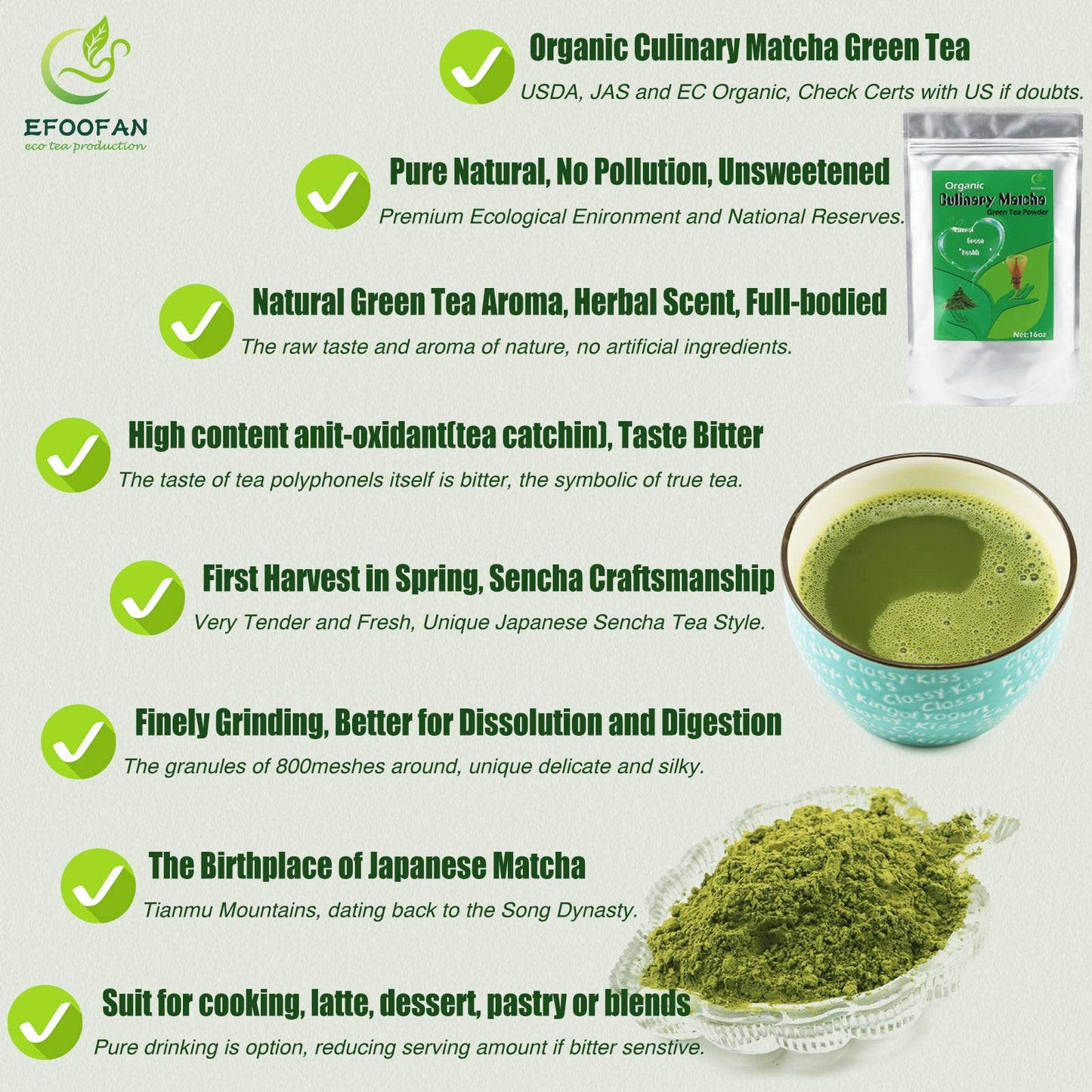 Efoofan Organic Matcha Green Tea Powder - Culinary Grade - 1 Lb(454G) - Japanese Sencha Flavor - Usda/Jas/Ec Certified - Suit Fo