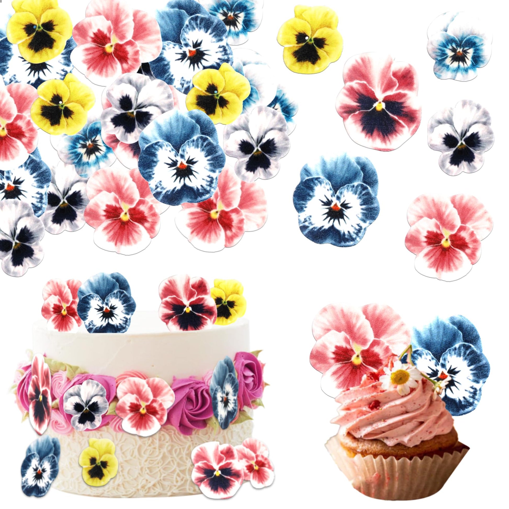Rsstarxi Edible Flowers Cake Toppers - 60 Pack Wafer Paper Cupcake Picks for Baby Shower, Wedding, Birthday, Design 6