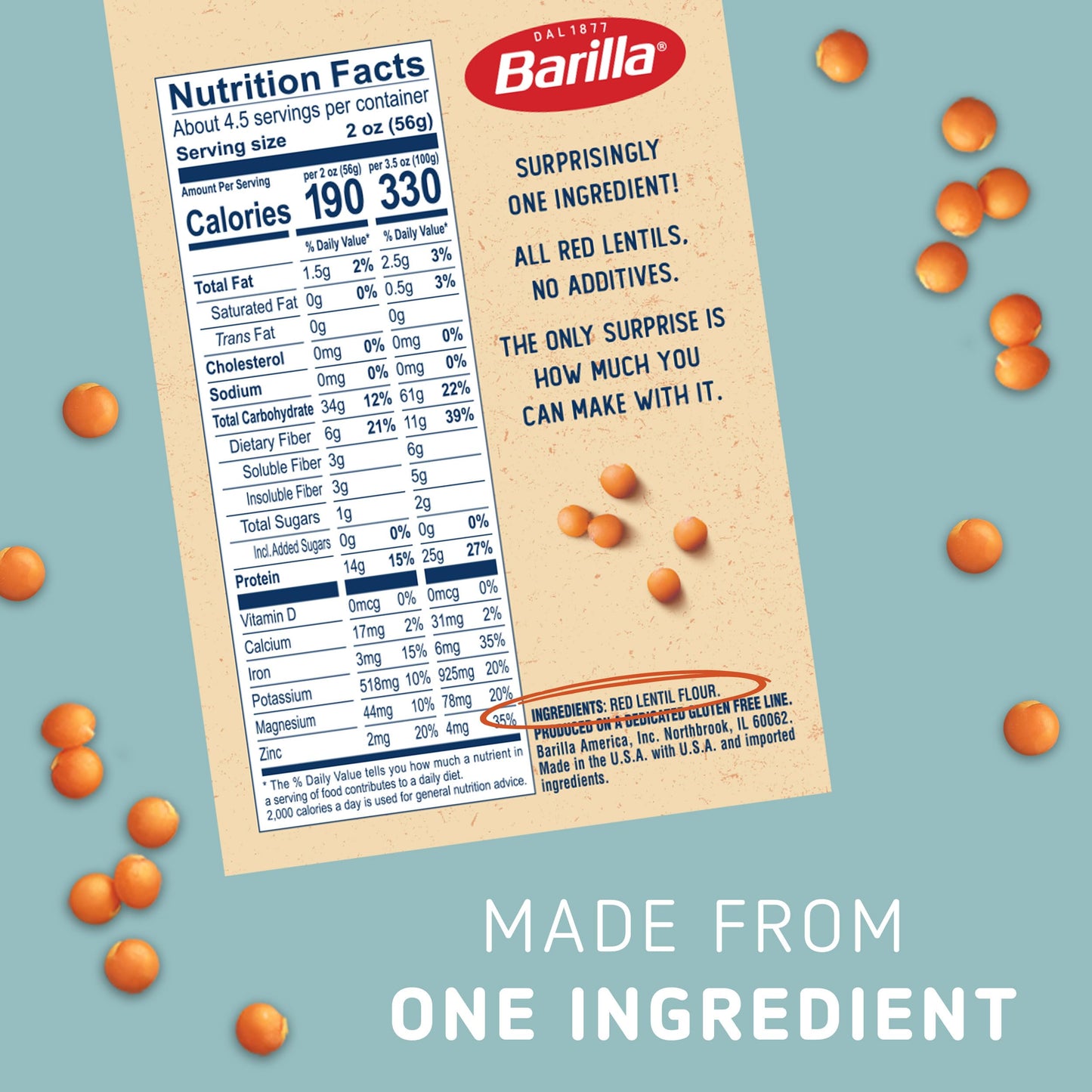 Barilla Red Lentil Rotini Pasta, 8.8 oz (Pack of 10) - Gluten Free, Non GMO & Kosher - Plant Based Protein Pasta