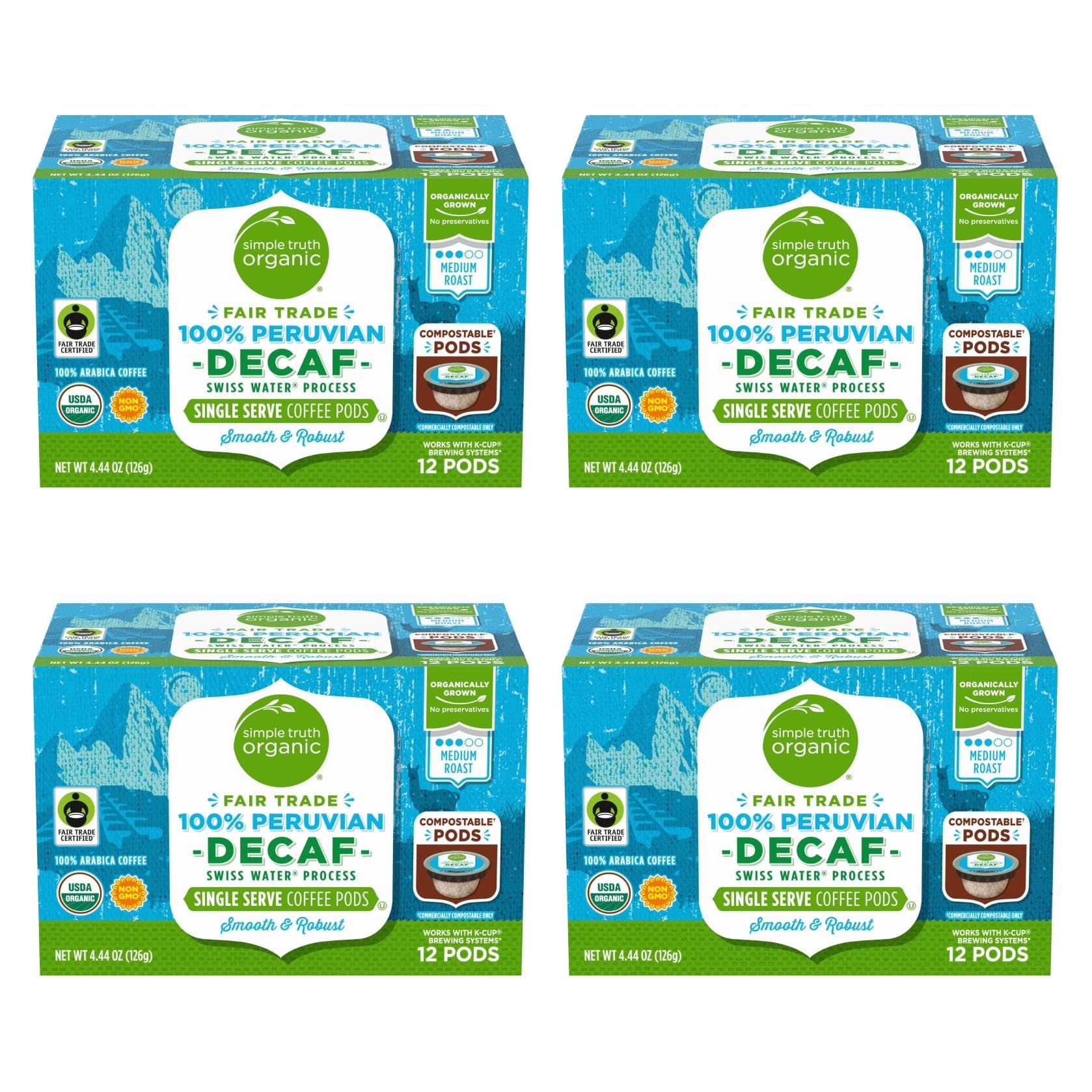 Organic Simple Truth Decaf Coffee Pods, 100% Peruvian, Medium Roast, 5.5 oz (Pack of 4)