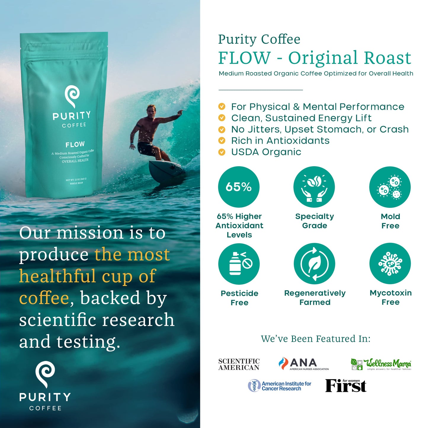 Purity Coffee FLOW Medium Roast Organic Coffee, USDA Certified, Specialty Grade Arabica, Whole Bean, 12 oz Bag - Mold & Toxin Tested