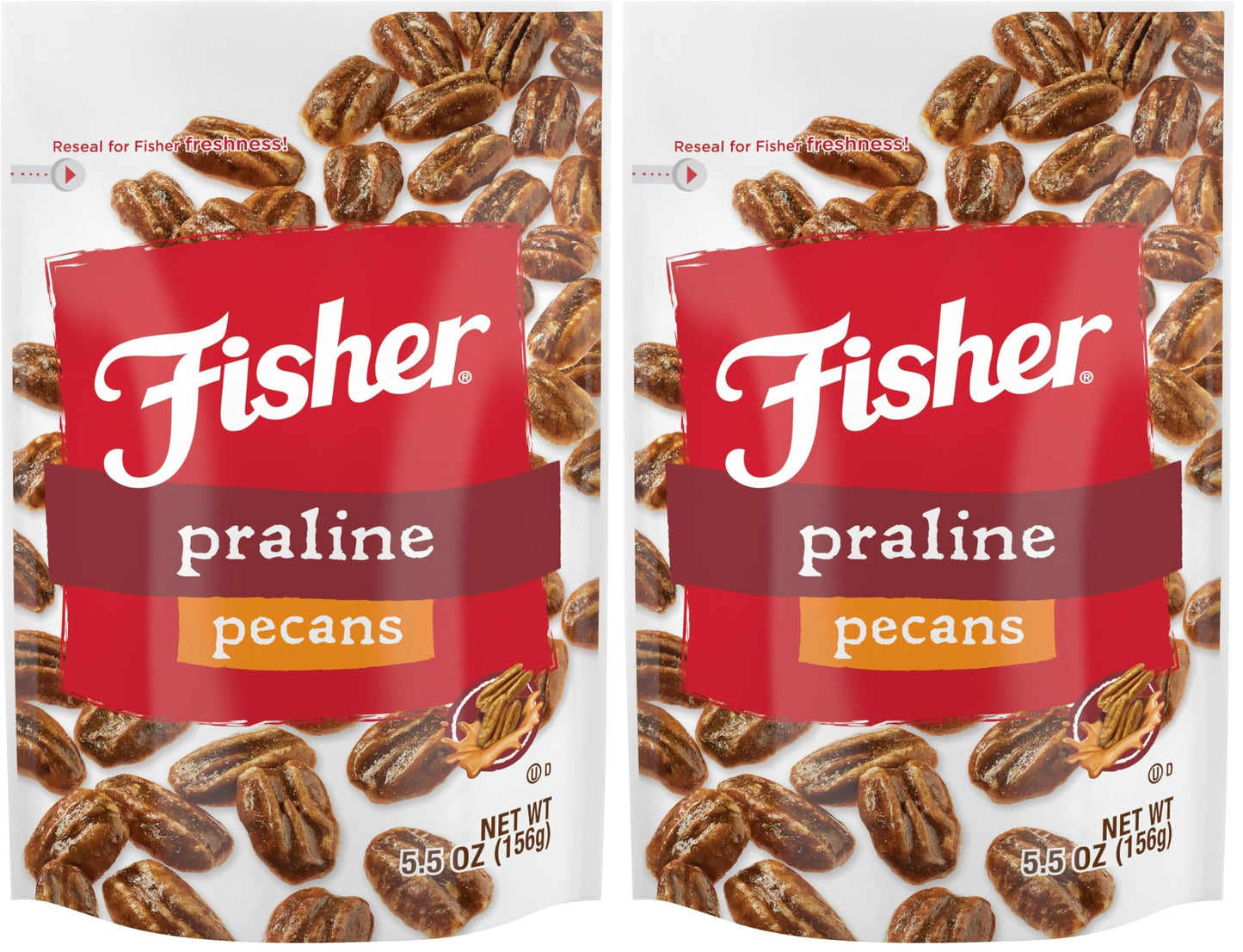 Fisher Snack Praline Pecans, 5.5 Ounces, Resealable Pouch, Made with Whole Mammoth Pecans (Pack of 2)
