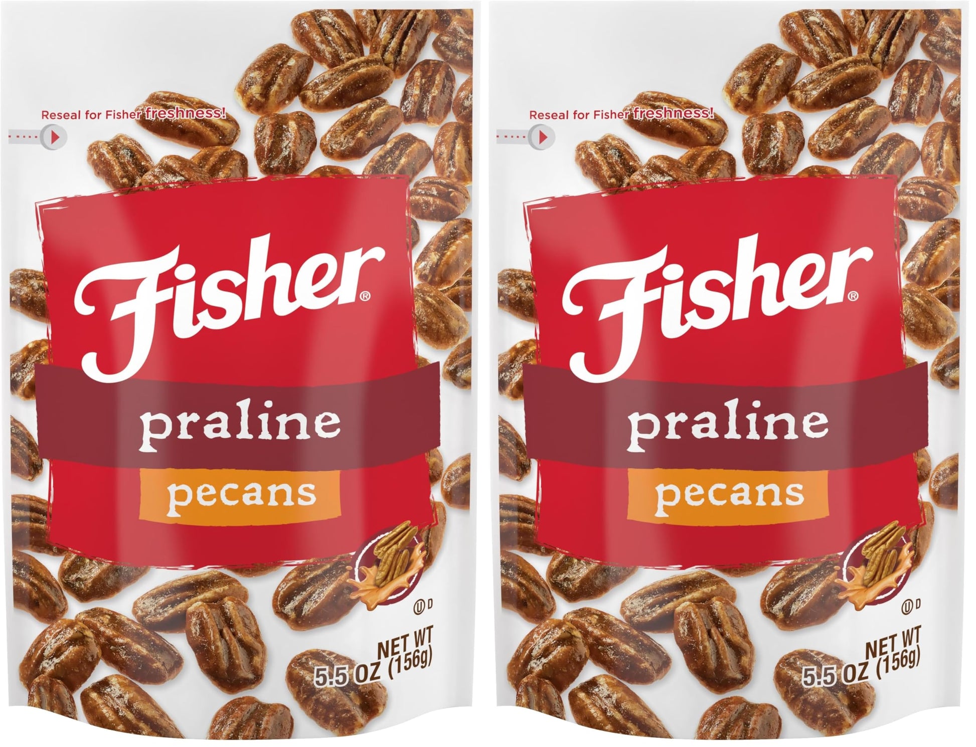 Fisher Snack Praline Pecans, 5.5 Ounces, Resealable Pouch, Made with Whole Mammoth Pecans (Pack of 2)