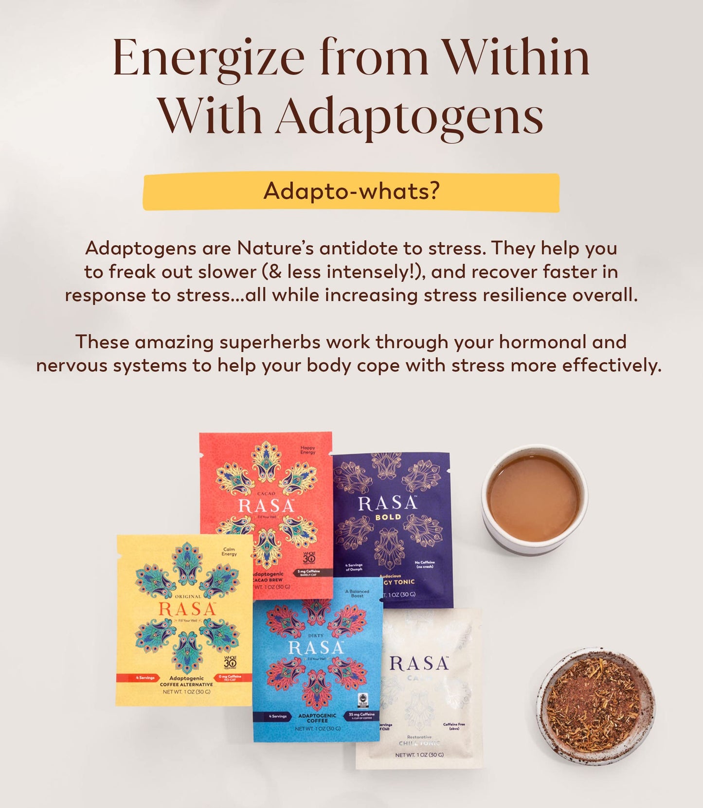 Rasa Taster Pack | Herbal Coffee Alternative With Ashwagandha, Chaga + Reishi For All-Day Energy + Focus - Organic, Adaptogens,