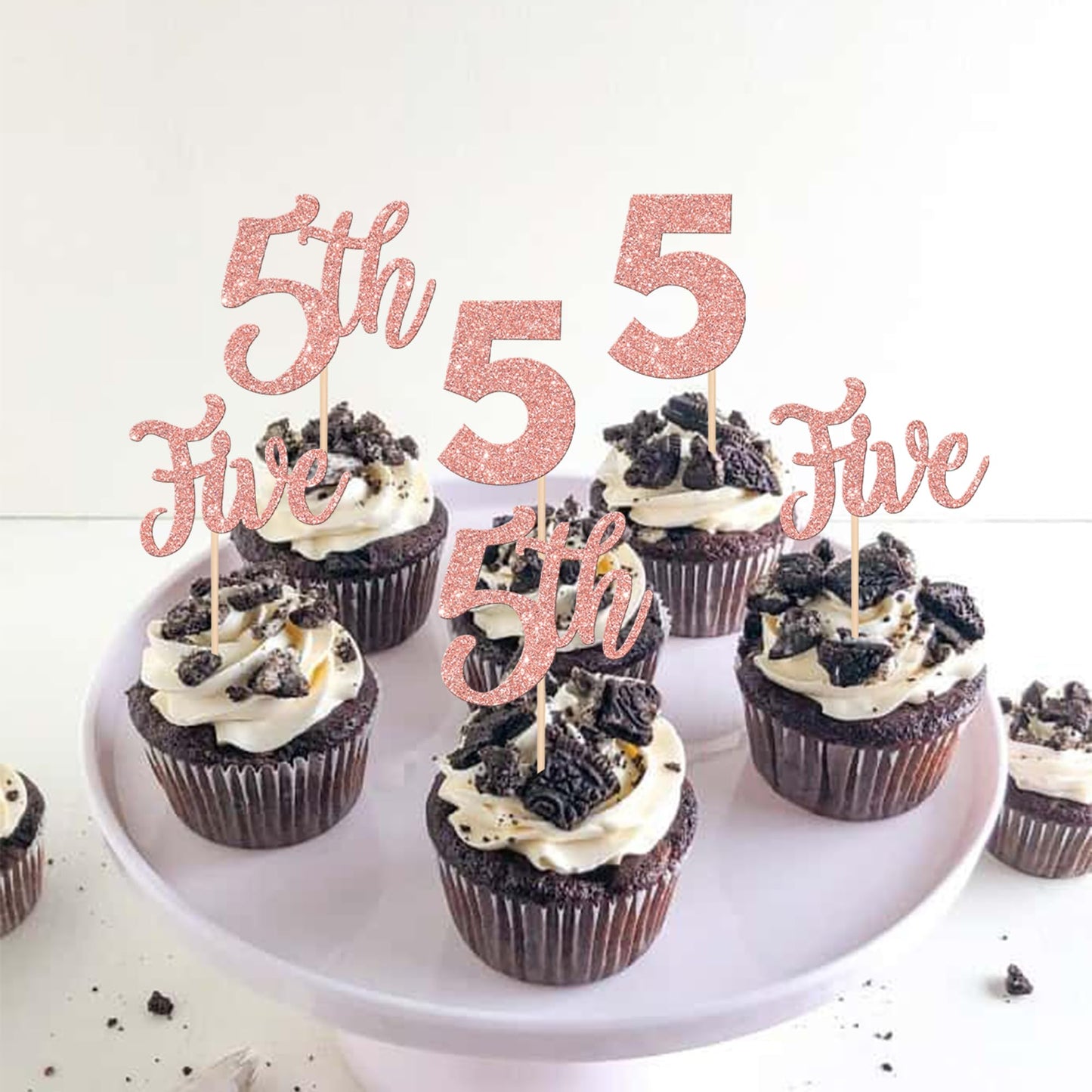 24 Pcs Five Cupcake Toppers Glitter 5Th Birthday Cupcake Picks Number 5 Cupcake Decorations For Baby Shower Kids 5Th Birthday An