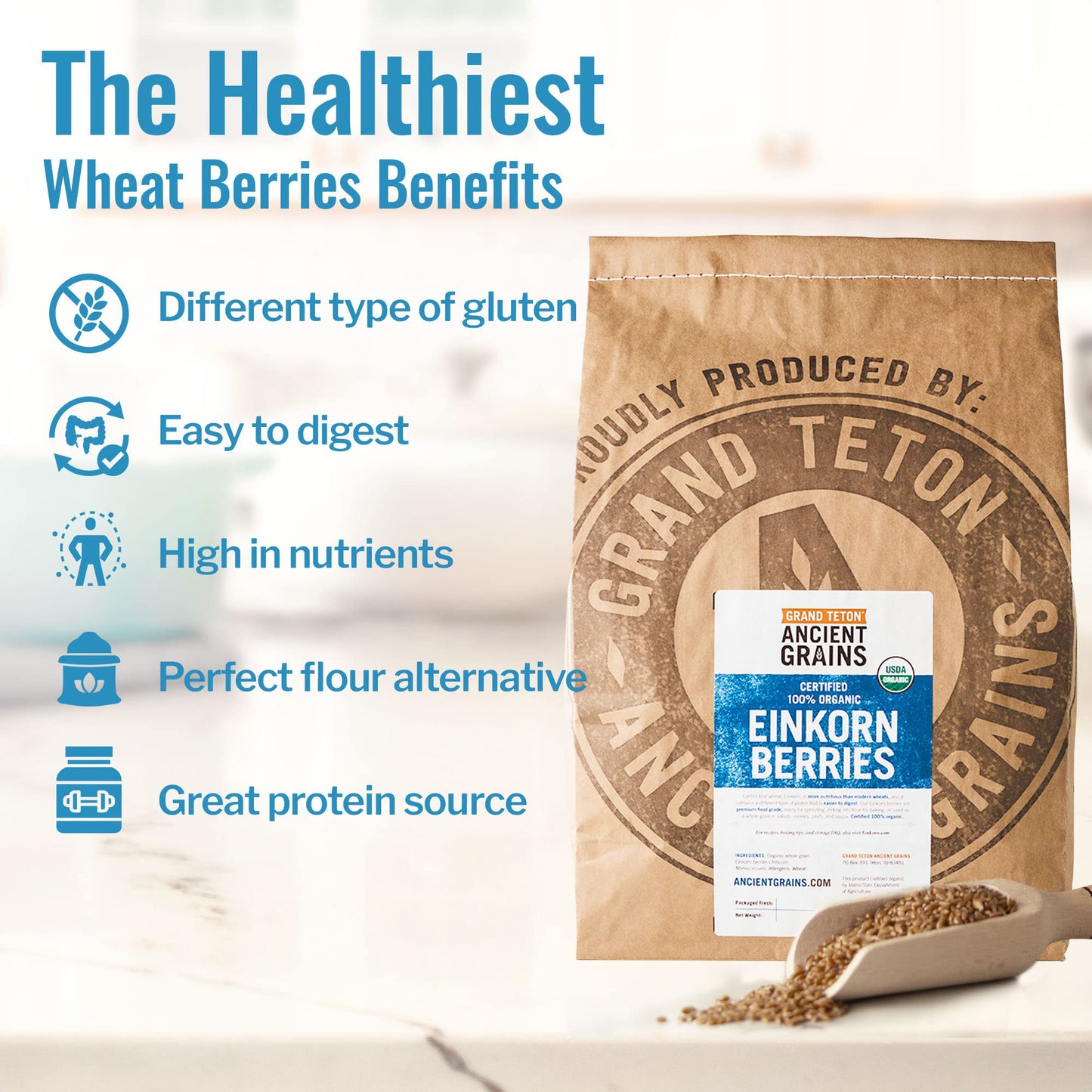 Grand Teton Organic Einkorn Berries, Premium Farro Piccolo, 25 lbs