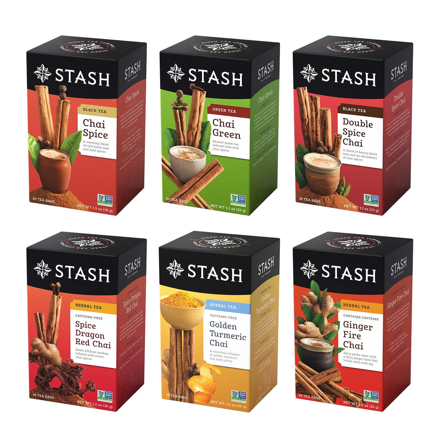 Stash Chai Tea Variety Pack Sampler - Non-GMO, Caffeinated, 18-20 Count (Pack of 6)