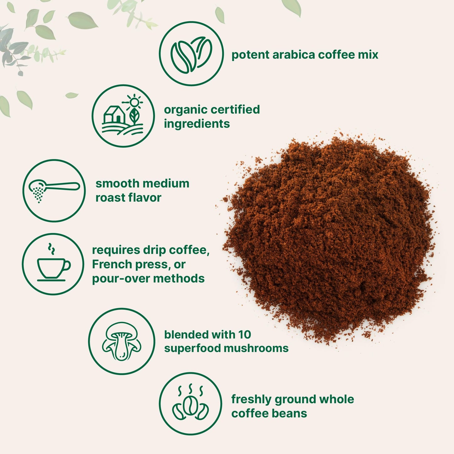 Micro Ingredients Organic 10 in 1 Ground Mushroom Coffee, Premium Arabica, 24 Ounce, Smooth Medium Roast, Immune Support