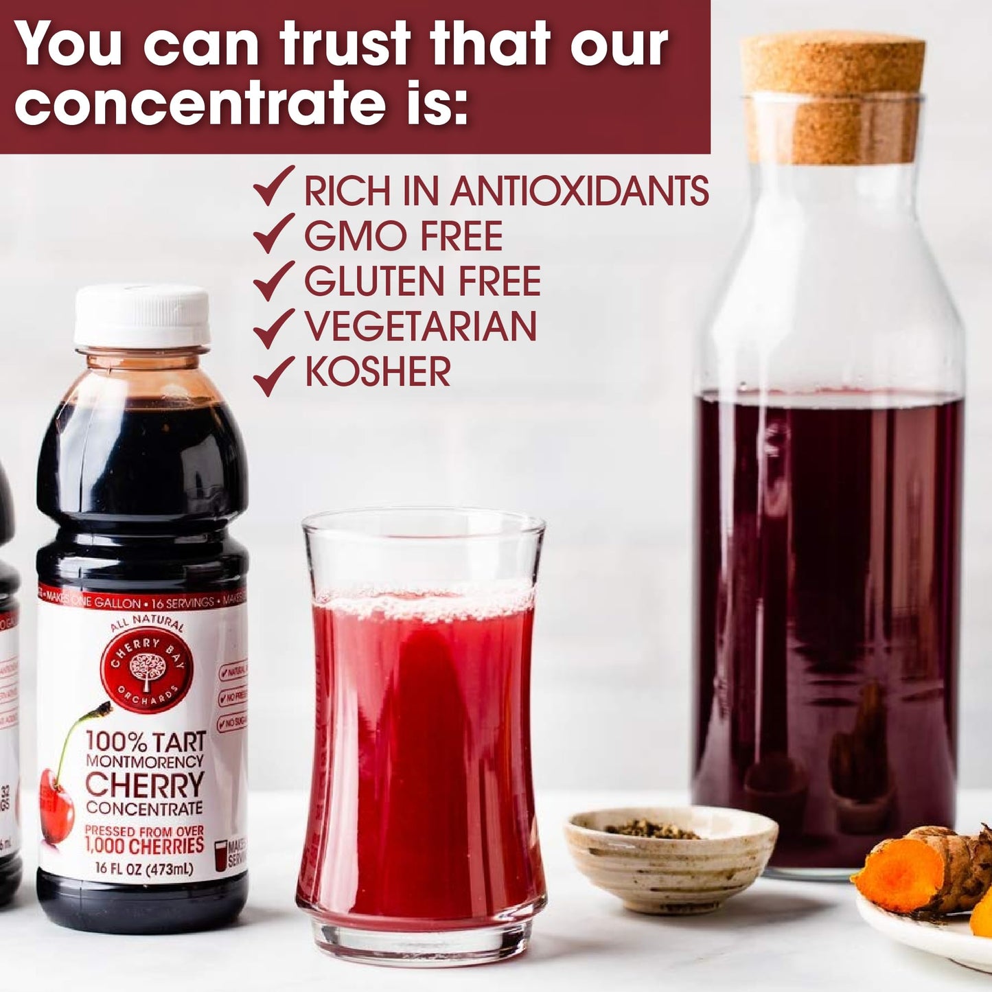 Cherry Bay Orchards Tart Cherry Concentrate Juice - All Natural, Gluten Free, 32oz Bottle (Pack of 2)
