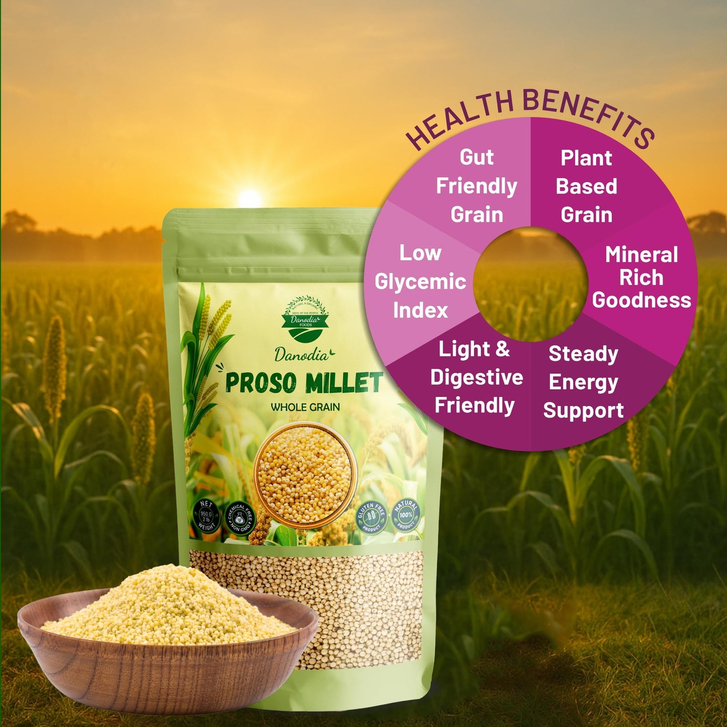 Danodia Foods Organic Proso Millet (2 Lbs | 950G | 33Oz) | Unpolished, Whole Grain, Gluten-Free, Hulled Superfood | Natural, Non-Gmo, Vegan, High Fiber & Protein | Fda Registered