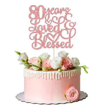 Gyufise 1Pc Rose Gold Glitter 80 Years Love Blessed Cake Topper Cheers To 80 Years Wedding Anniversary Cake Decoration For Eight