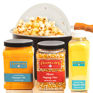 Franklins Gourmet Popcorn Stovepop Maker Bundle - 3 Piece Set with 28 oz Corn Kernels, 19 oz Butter Salt, 30 oz Coconut Oil