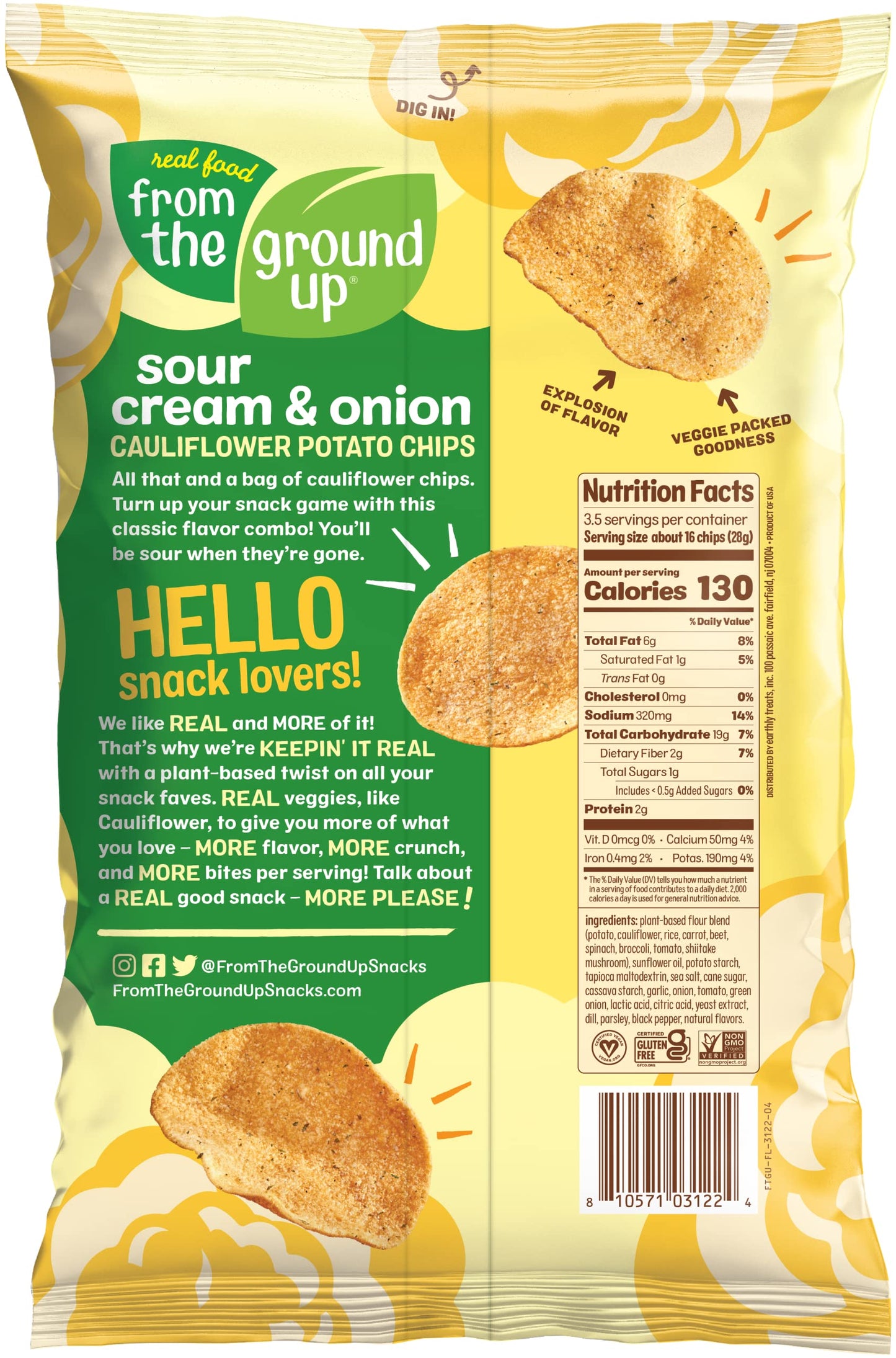 REAL FOOD FROM THE GROUND UP Cauliflower Chips - Sour Cream & Onion - 6 Pack Snack Bags - 21 Ounce