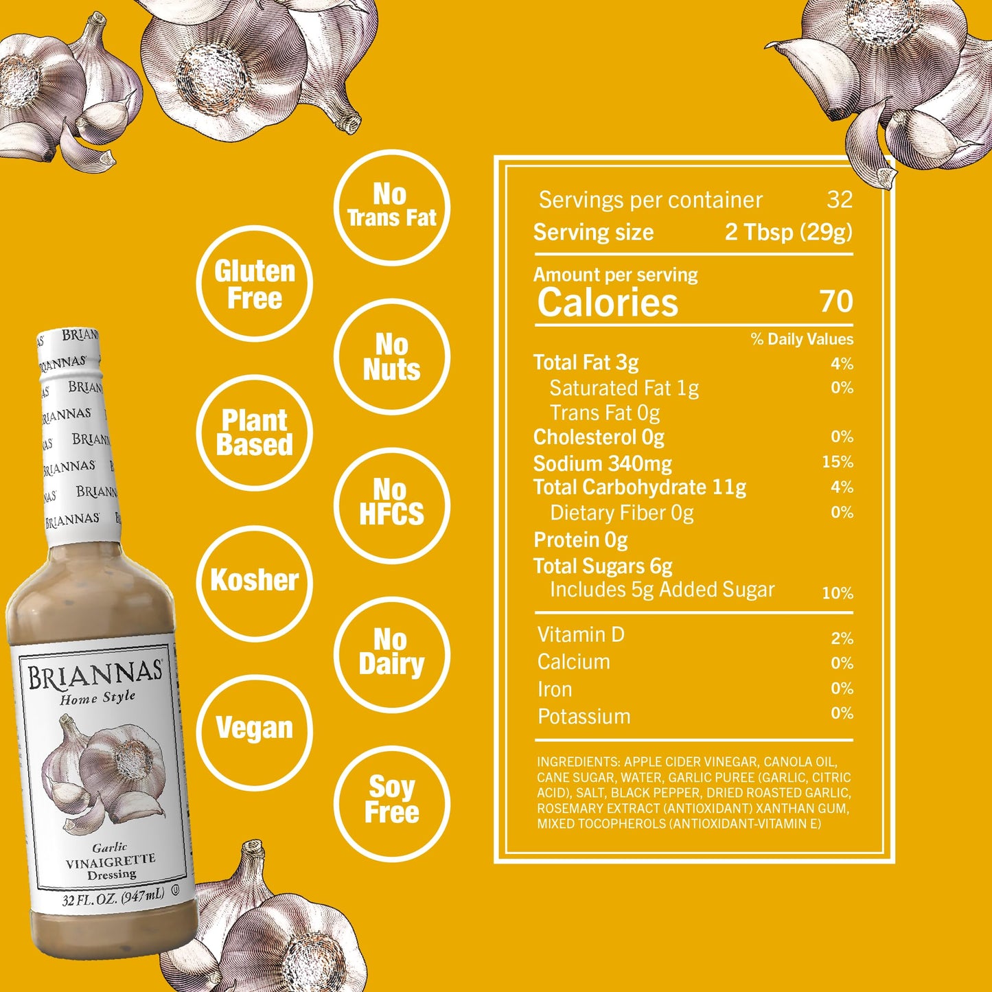 BRIANNAS Garlic Vinaigrette Dressing - Gluten Free, Vegan - 32 oz. Bottle