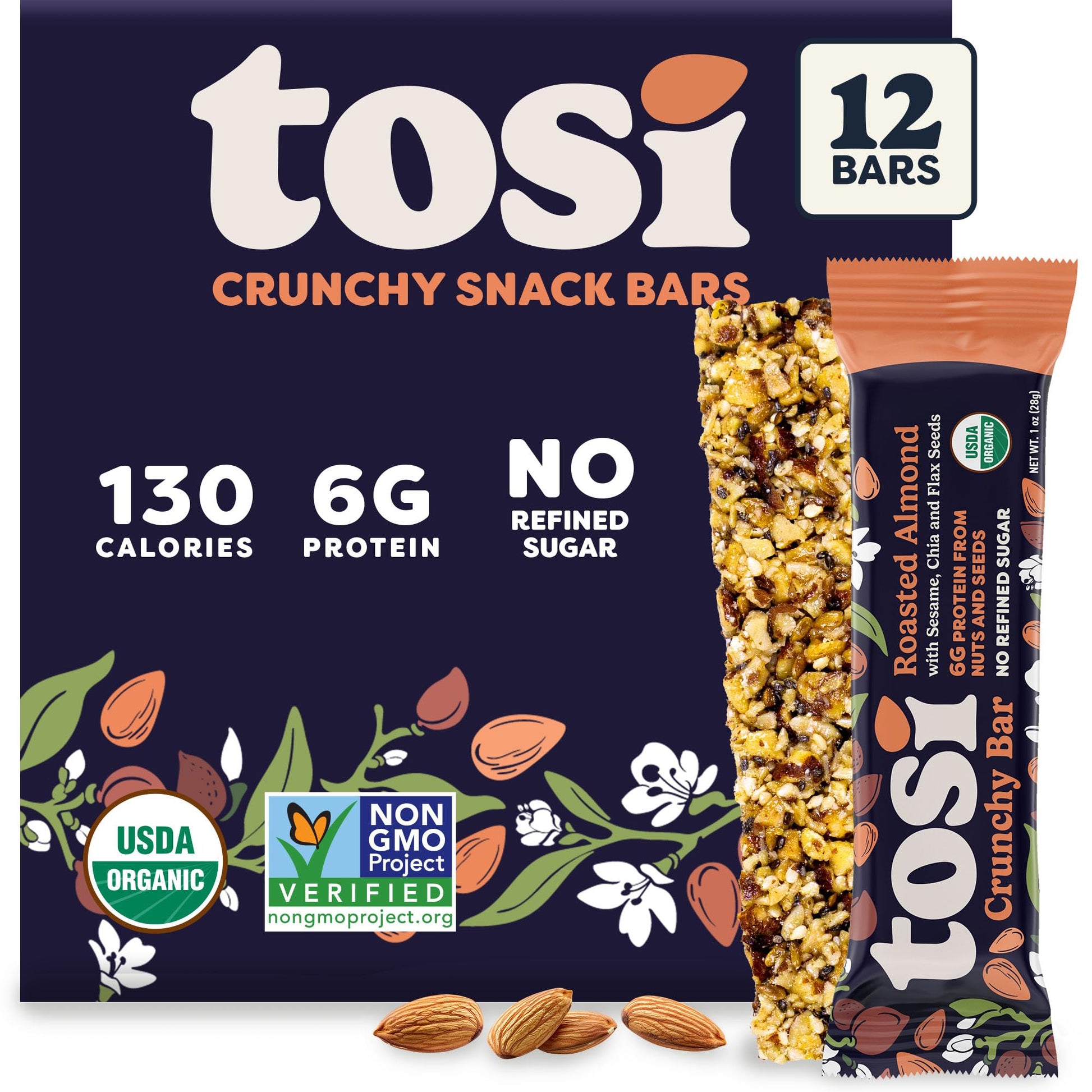 Tosi Almond Protein Bars, Plant-Based Vegan Snacks, Gluten-Free, 12 Count