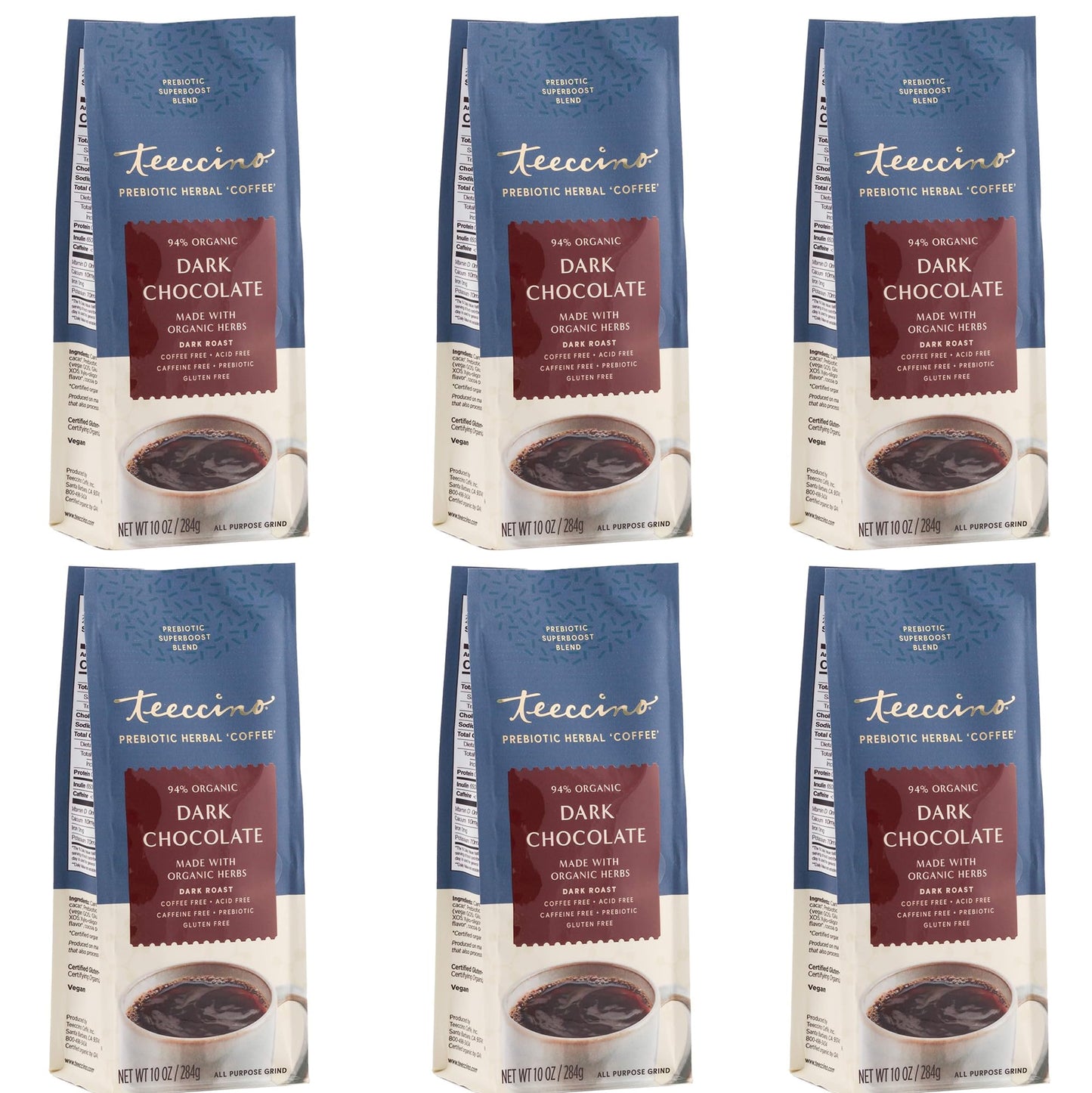 Teeccino Dark Chocolate Coffee Alternative - Caffeine-Free Herbal, 10 Ounce, Pack of 6