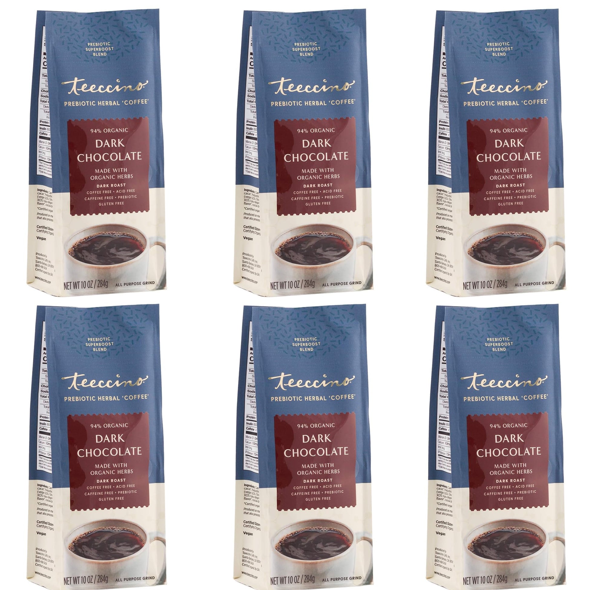 Teeccino Dark Chocolate Coffee Alternative - Caffeine-Free Herbal, 10 Ounce, Pack of 6