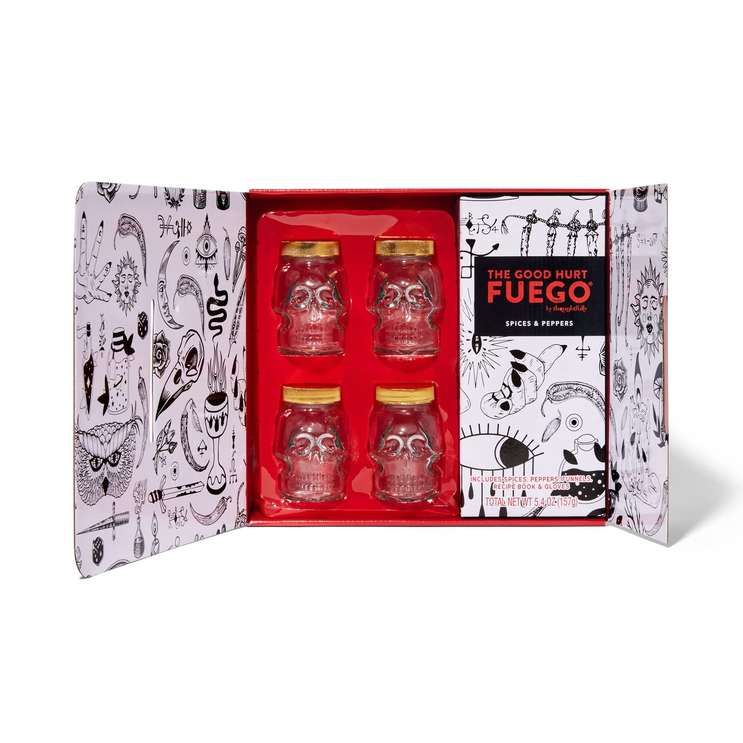 The Good Hurt Fuego by Thoughtfully, DIY Hot Sauce Set, Hot Sauce Making Kit Includes 4 Skull Shaped Reusable Glass Jars, 2 Funn