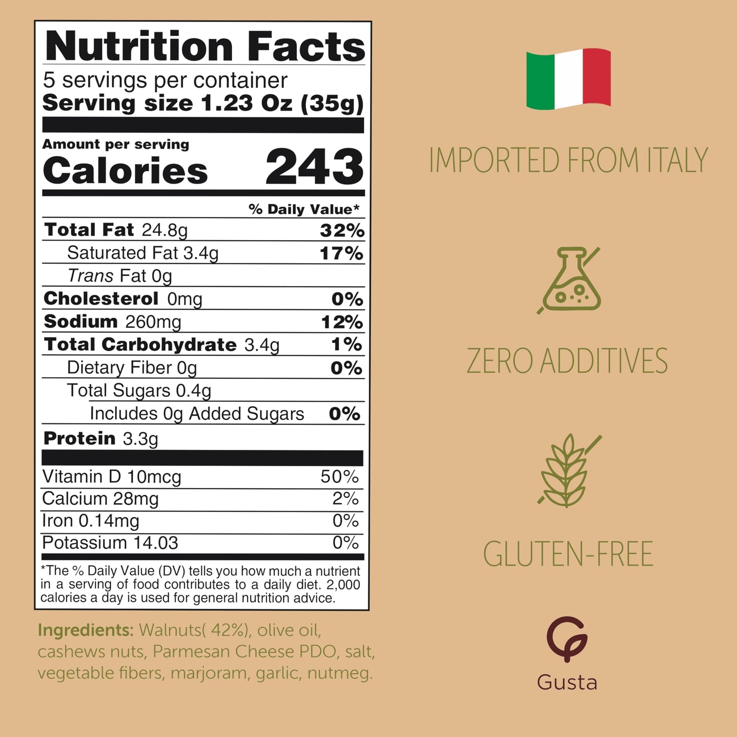 GUSTA Authentic Italian Walnut Sauce - Traditional Ligurian Recipe - All-Natural Gourmet - 180g Jar