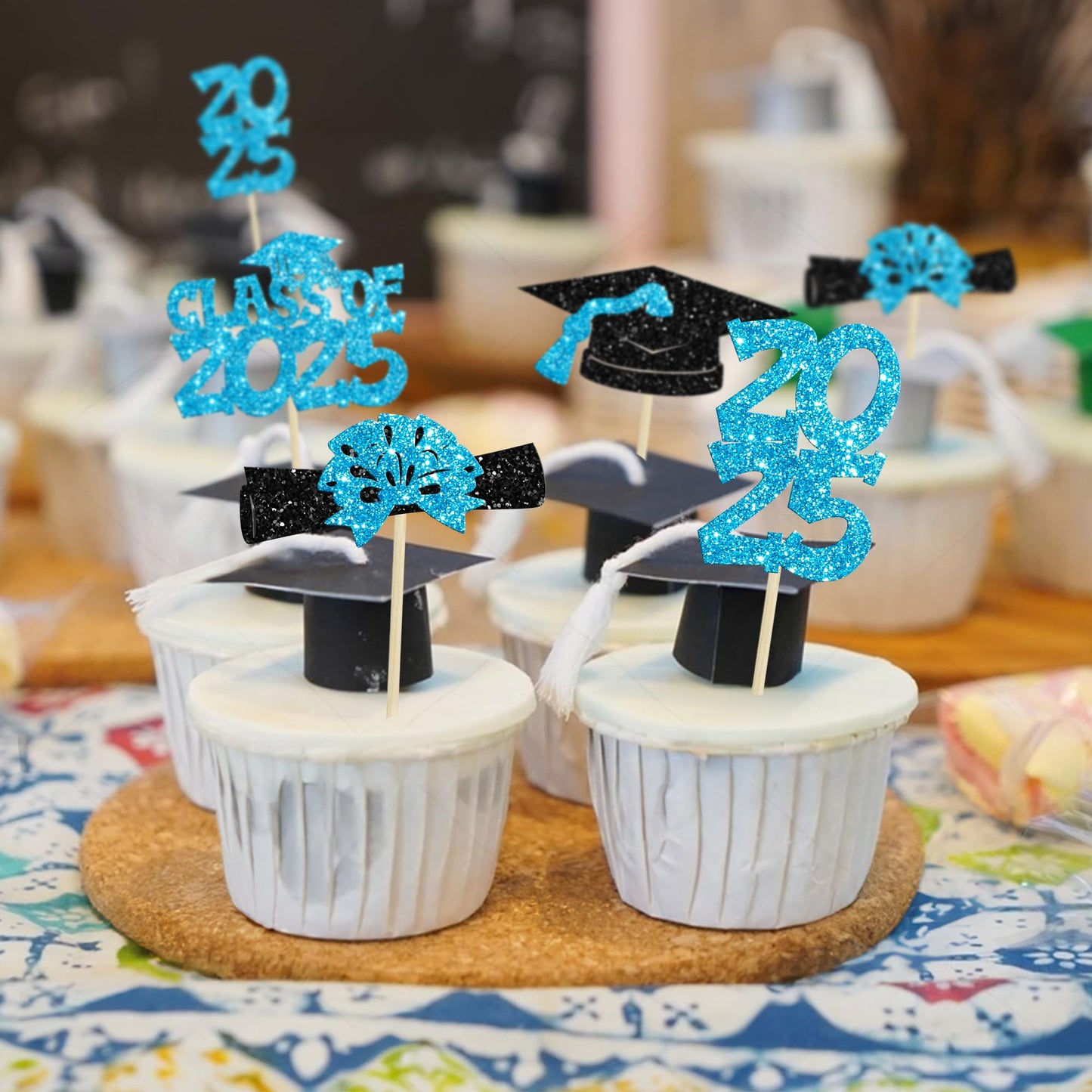 Ephlyn Graduation Cupcake Toppers, 36 Pcs, Glitter Class of 2025, Lake Blue, Diploma & Graduation Cap Picks for Party Decorations