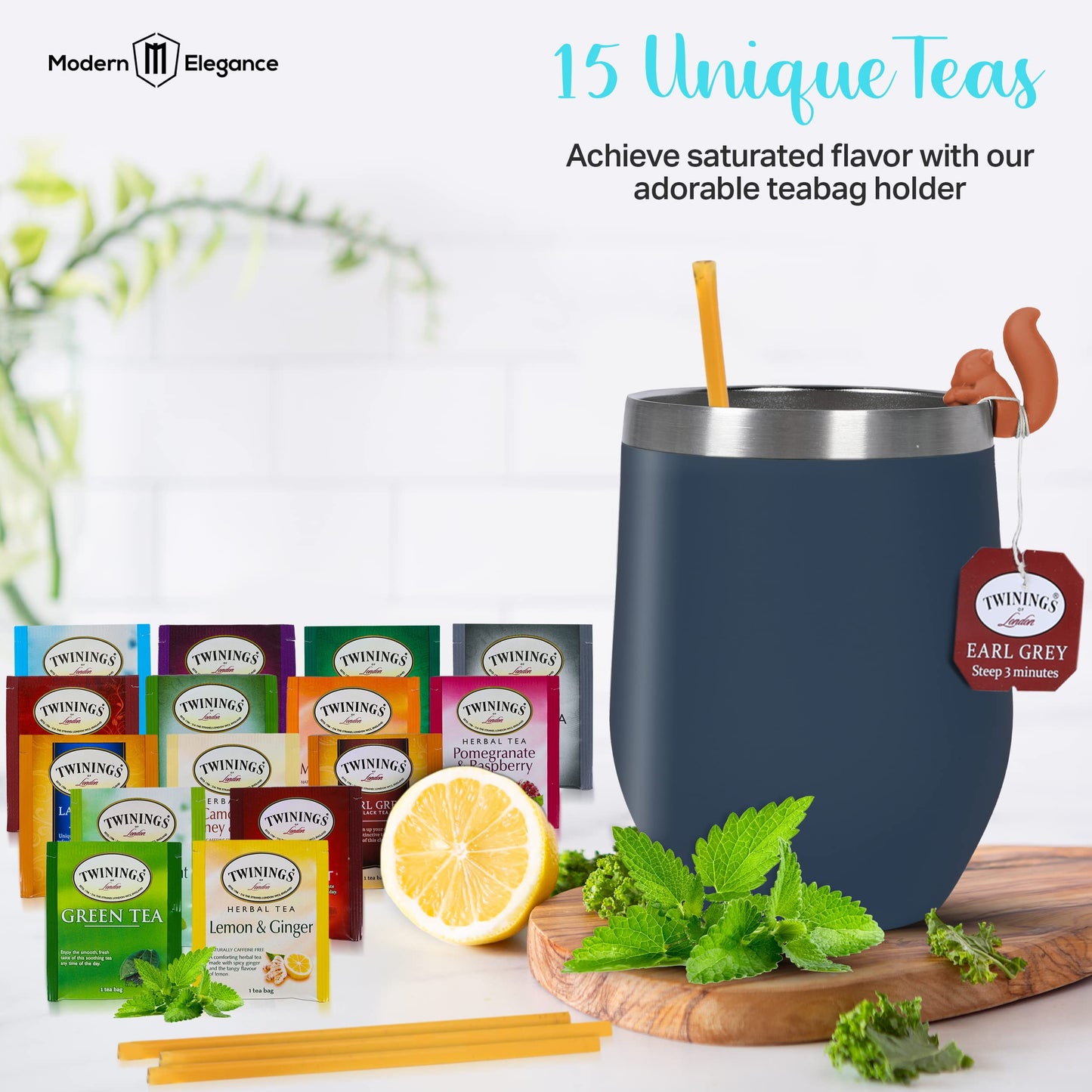 Tea Gift Set For Women And Men – Elegant Tea Sets For Women Gift With 15 Unique Teas, Stainless Steel Tumbler & 10 Honey Straws In Enhanced Box (Blue)