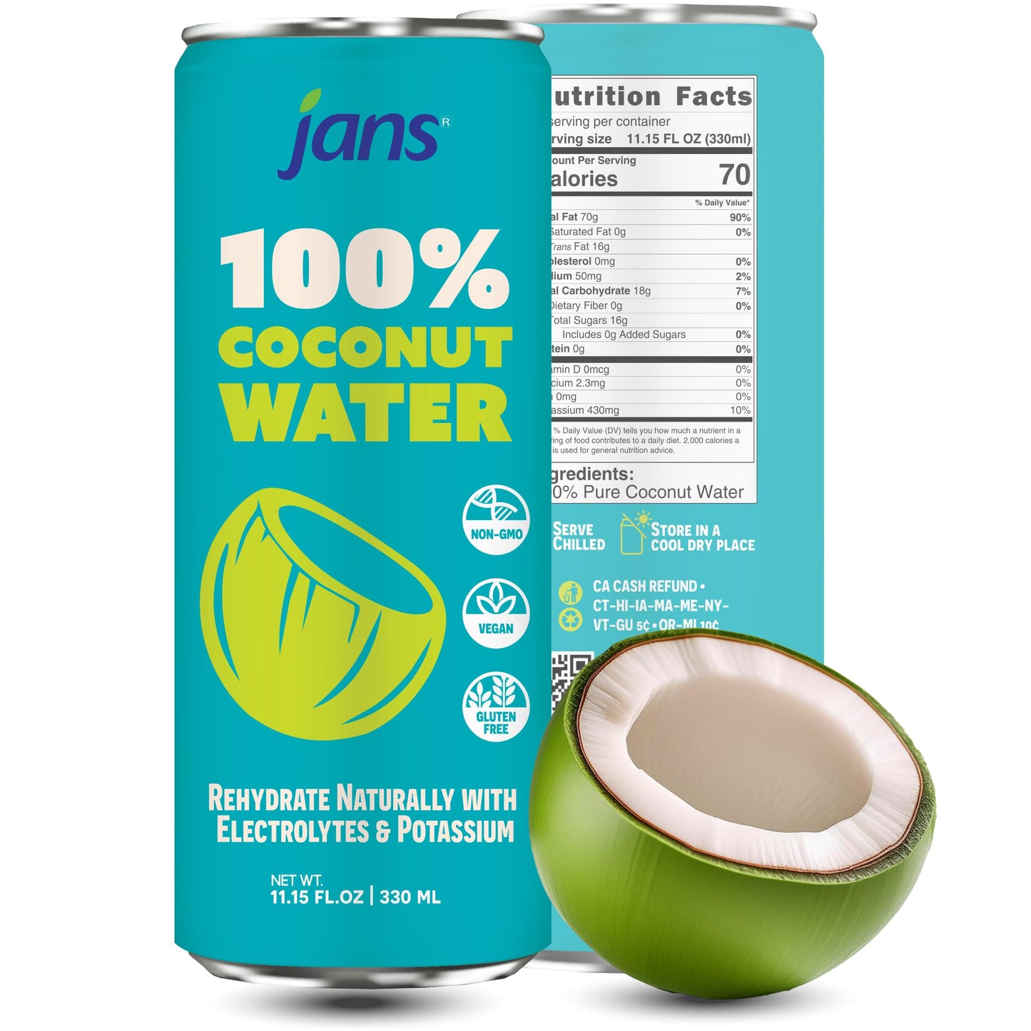 Jans 100% Coconut Water No Added Sugar 11.15oz (Pack of 12) Pure Coconut Refreshment, Vegan, Gluten-Free, Hydration with Electro