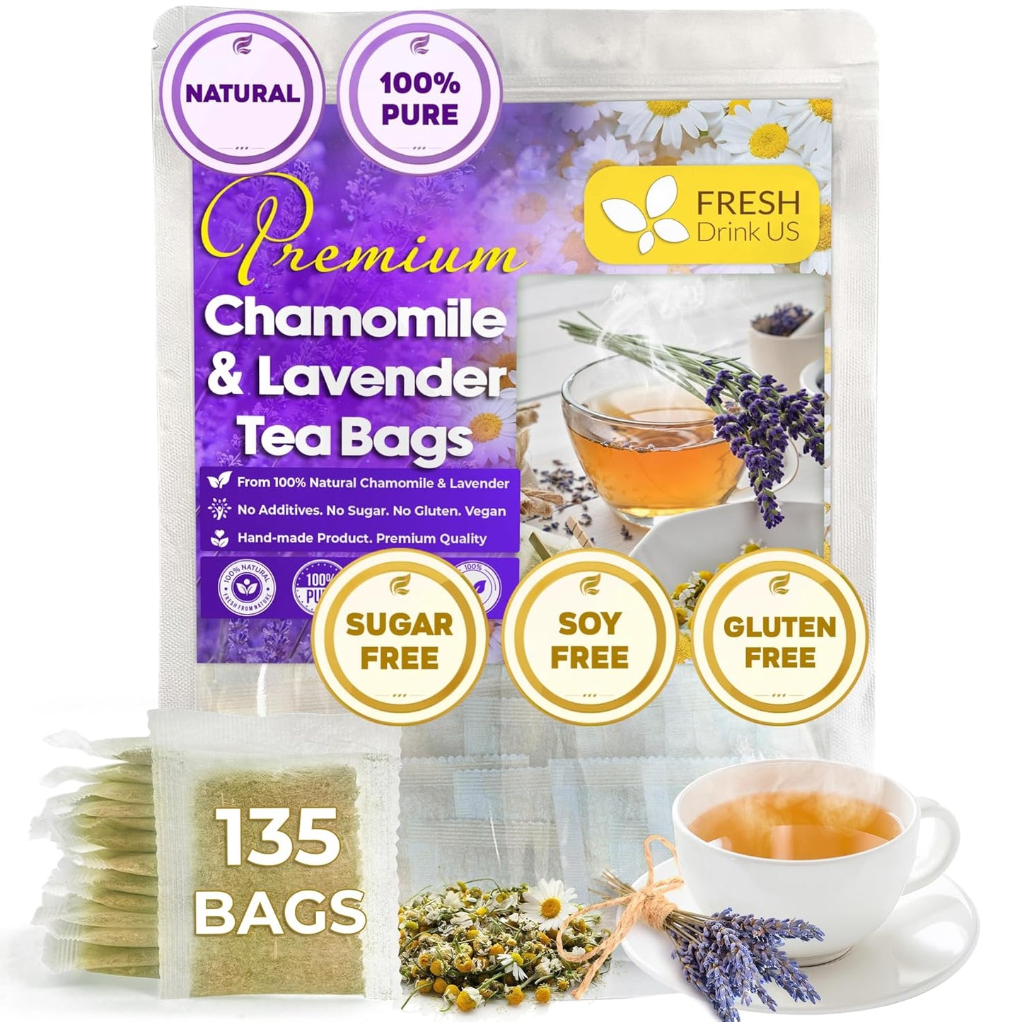 Premium Chamomile Lavender Tea Bags, Eco-conscious Tea Bags. No Sugar, No Caffeine, No Gluten, Vegan.