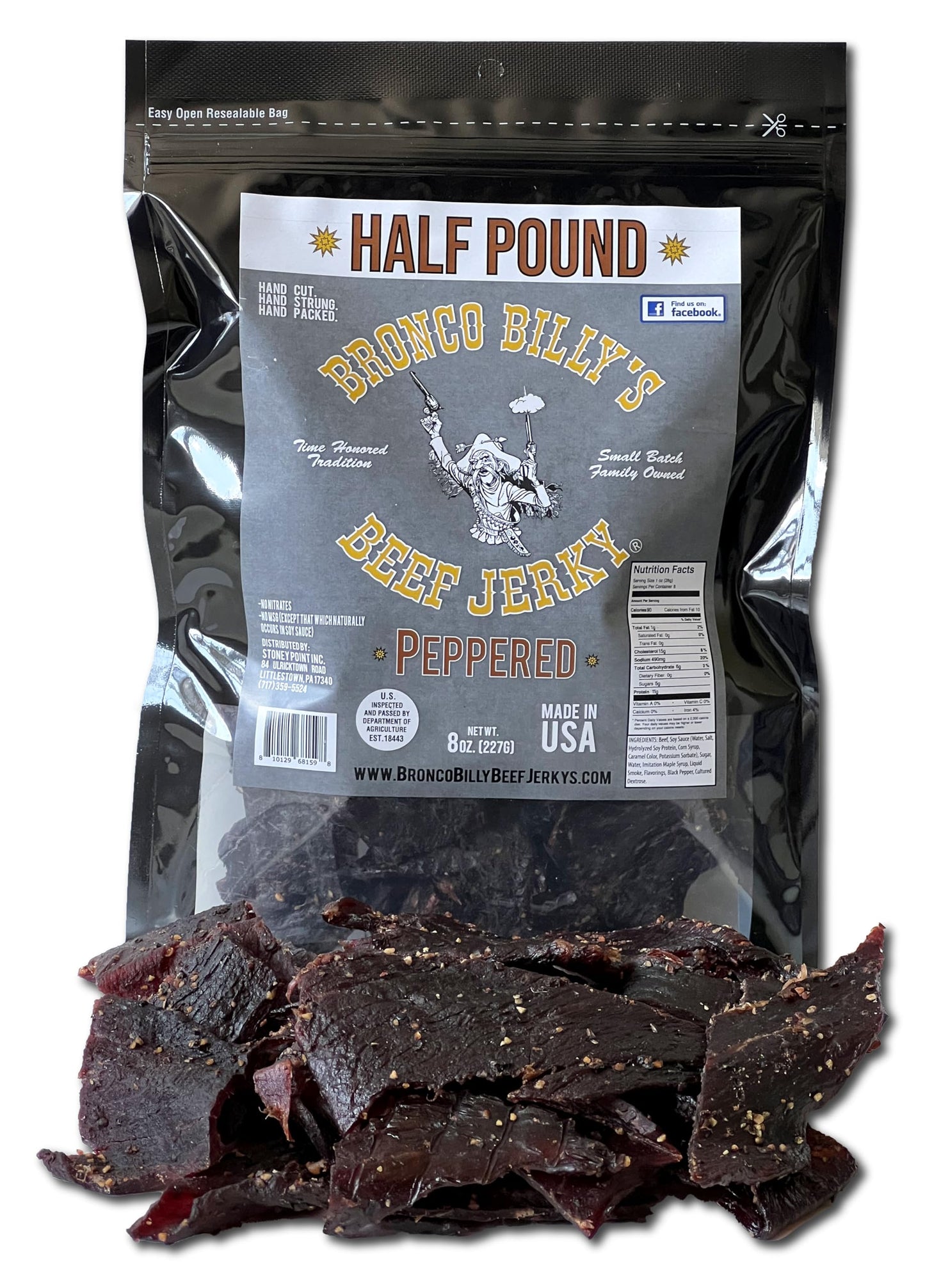 Bronco Billys Beef Jerky Maple Peppered Half Pound Resealable Bag, Made In Usa With Usda Beef, Real Maple Syrup,  Ed Black Pepper