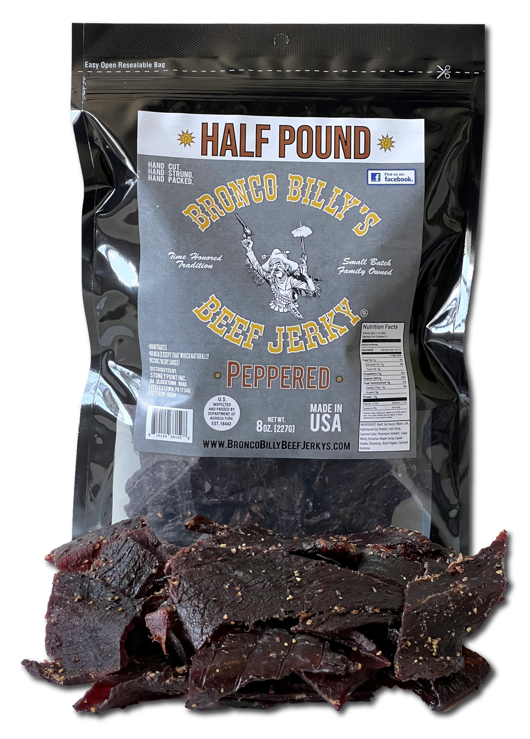 Bronco Billys Beef Jerky Maple Peppered Half Pound Resealable Bag, Made In Usa With Usda Beef, Real Maple Syrup,  Ed Black Pepper