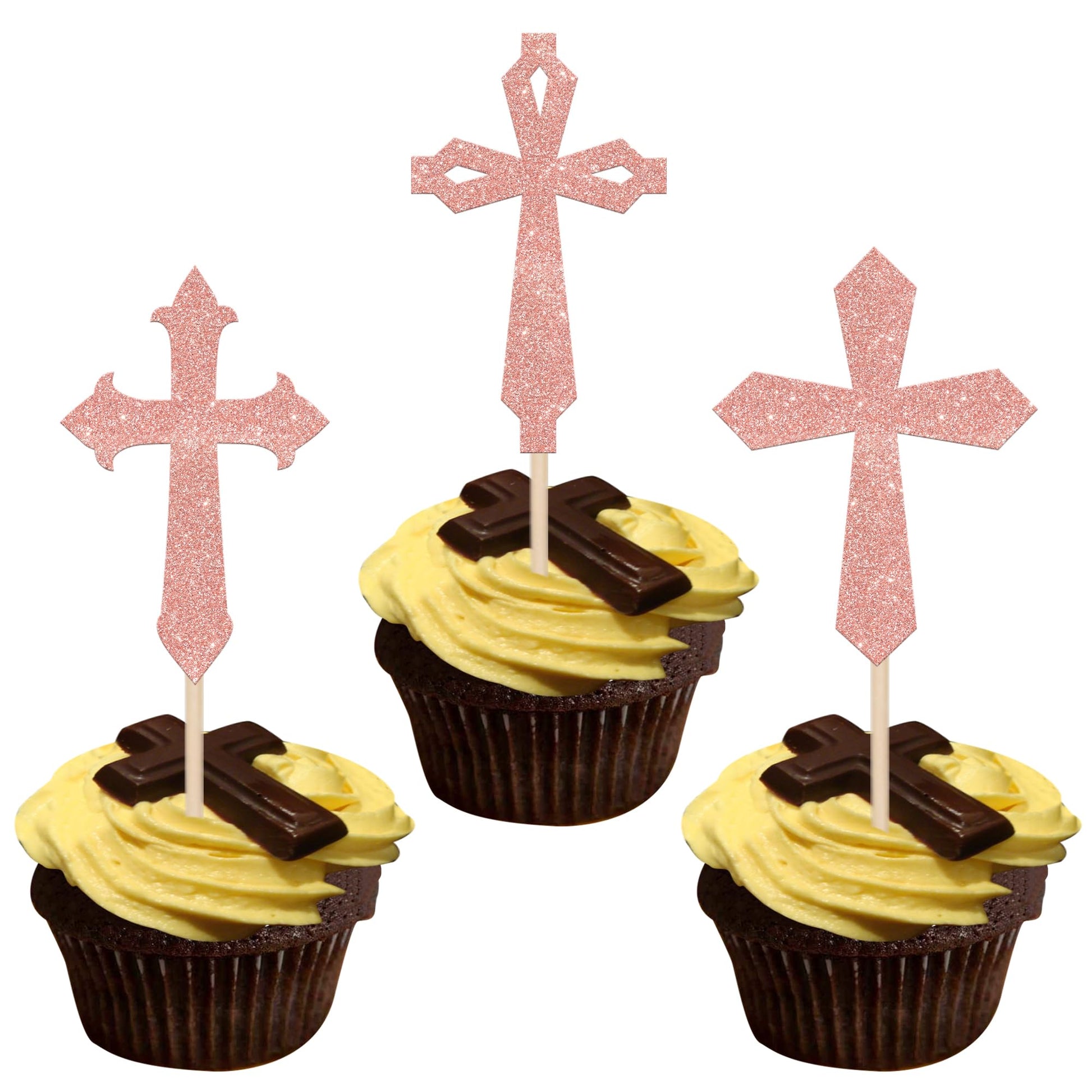 YCTHUNFISH Cupcake Toppers 24 Pack Glitter Cardstock Rose Gold for Baptism Baby Shower Birthday Party Decorations