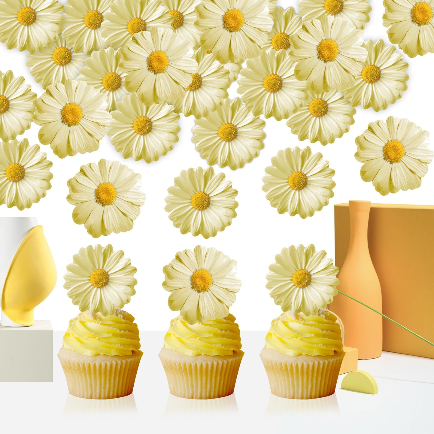 Foowztao 60Pcs Edible Daisy Cupcake Toppers - Wafer Paper Flower Decorations for Birthday & Wedding, Yellow