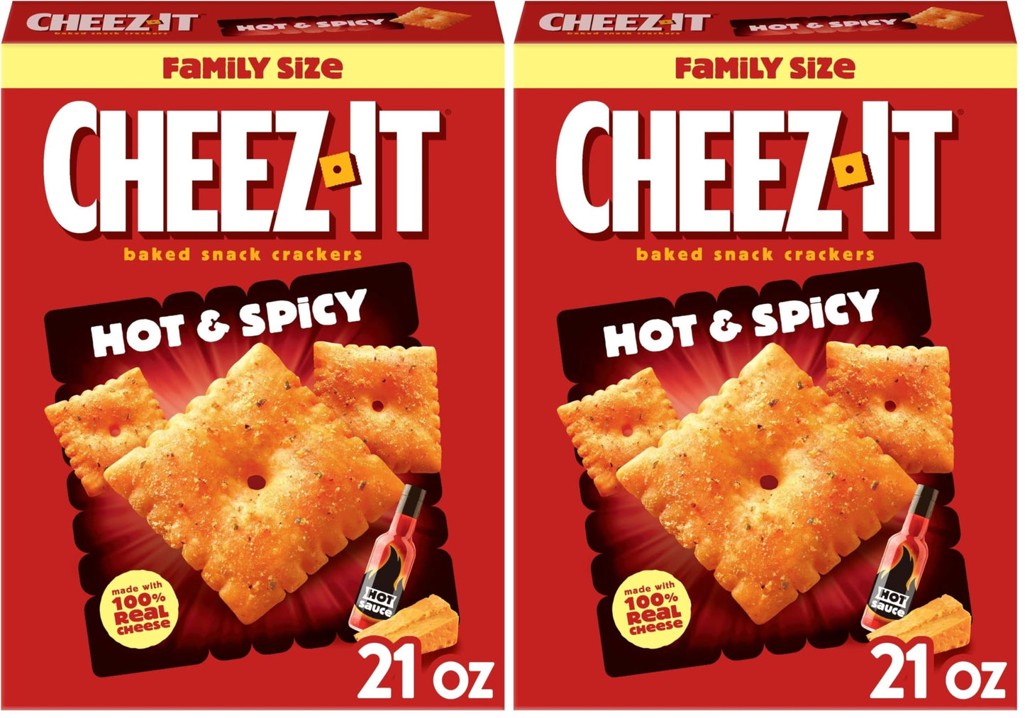 Cheez-It Baked Snack Crackers, Lunch Snacks, Family Size, Hot and Spicy, 21oz Box (1 Box) (Pack of 2)