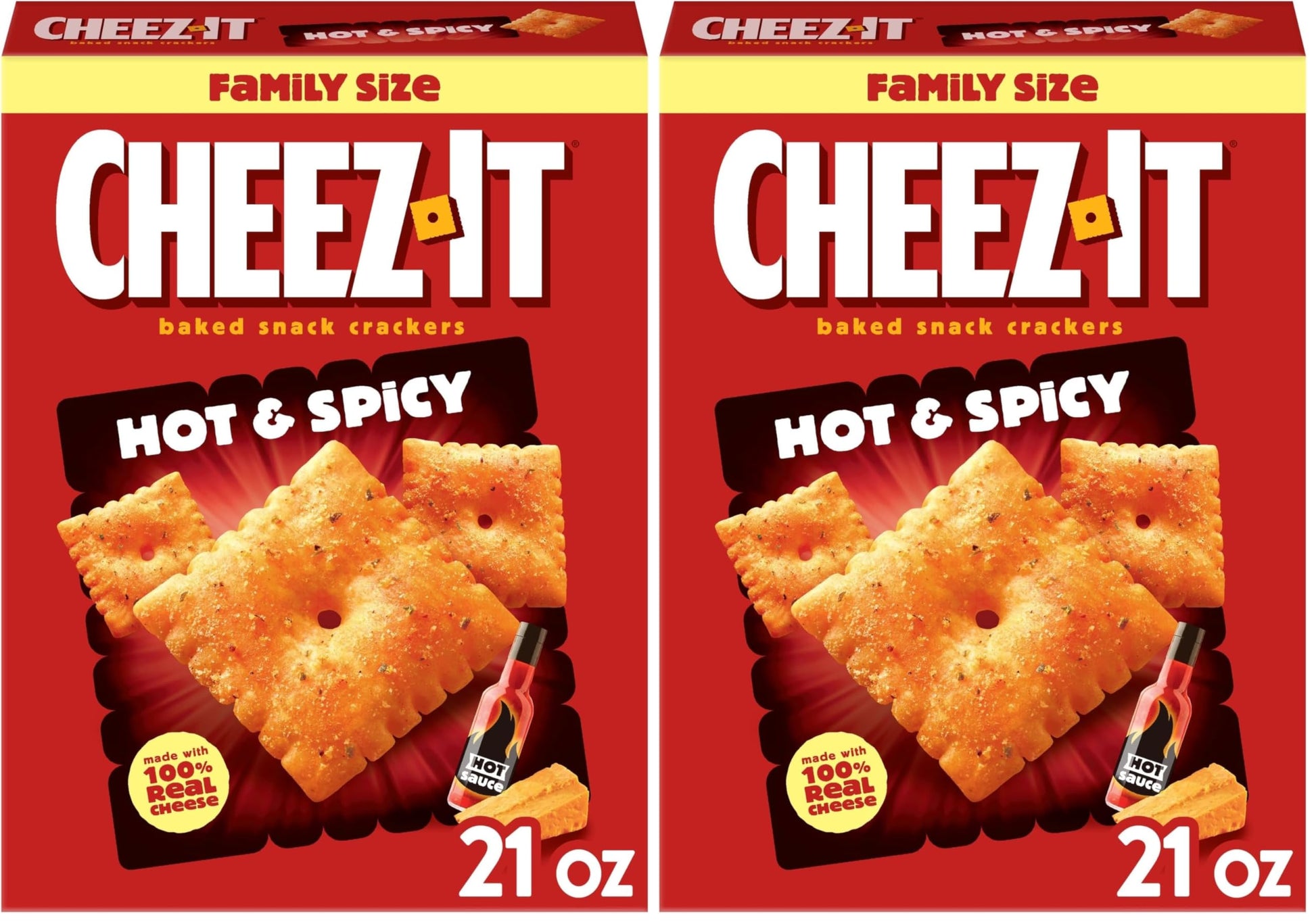Cheez-It Baked Snack Crackers, Lunch Snacks, Family Size, Hot and Spicy, 21oz Box (1 Box) (Pack of 2)