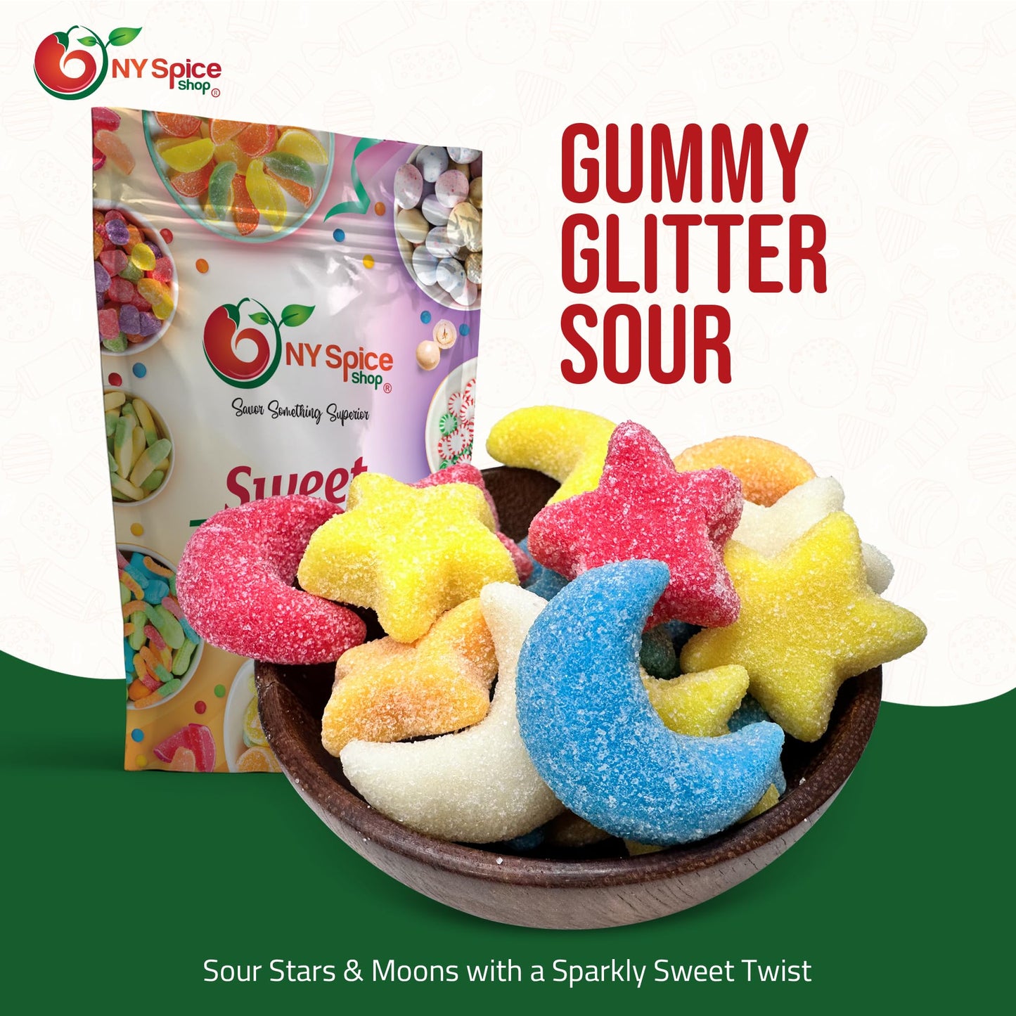 Ny Spice Shop Gummy Stars Moon Shaped Glitter Fun - 1 Pound Glittery Candy For Cookies - Chewy Bulk Candy - Stars And Moons Gumm