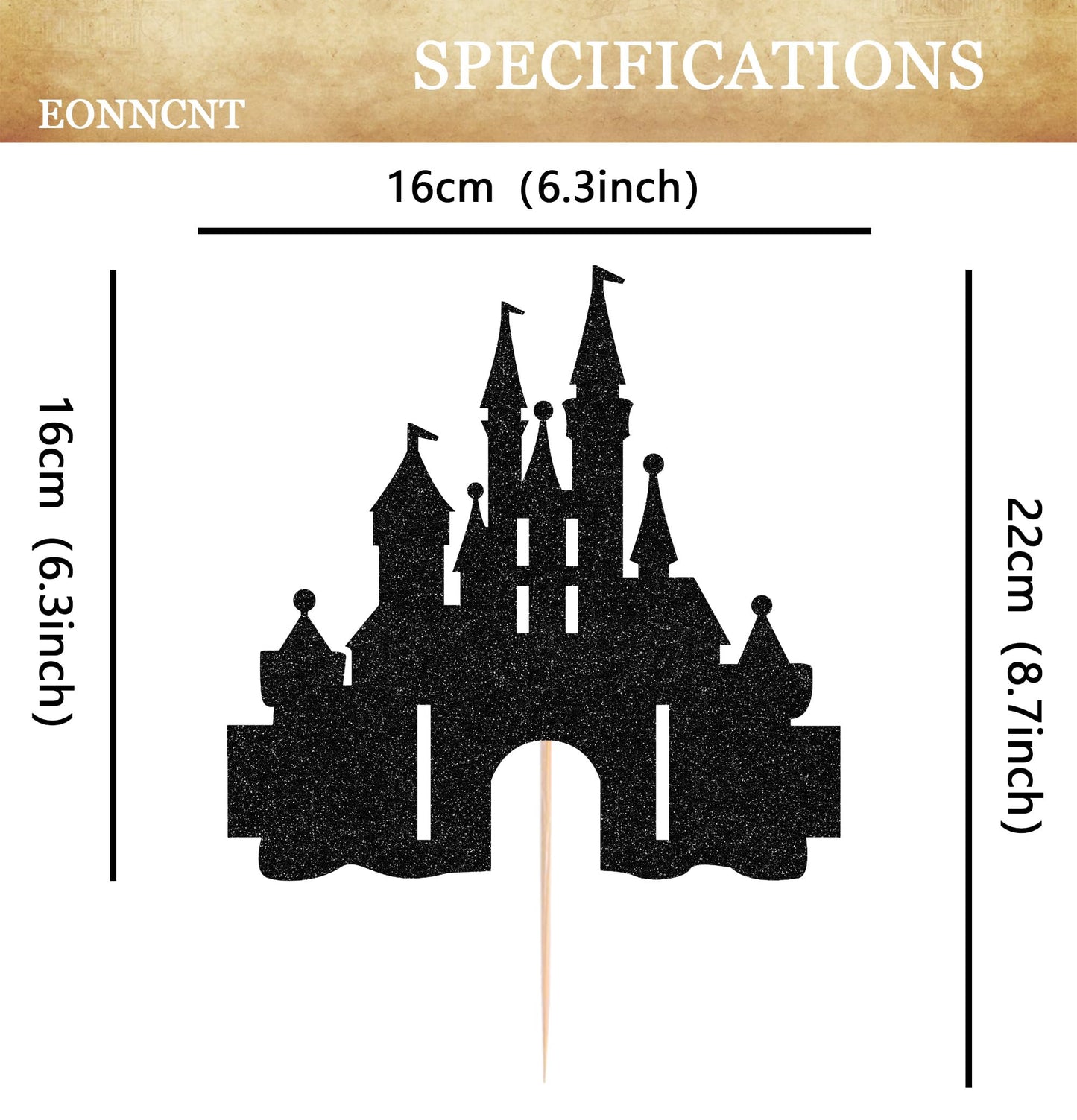 EONNCNT Castle Cake Topper - Black Glitter Cardboard Decoration for Birthday, Baby Shower, Photo Booth Props