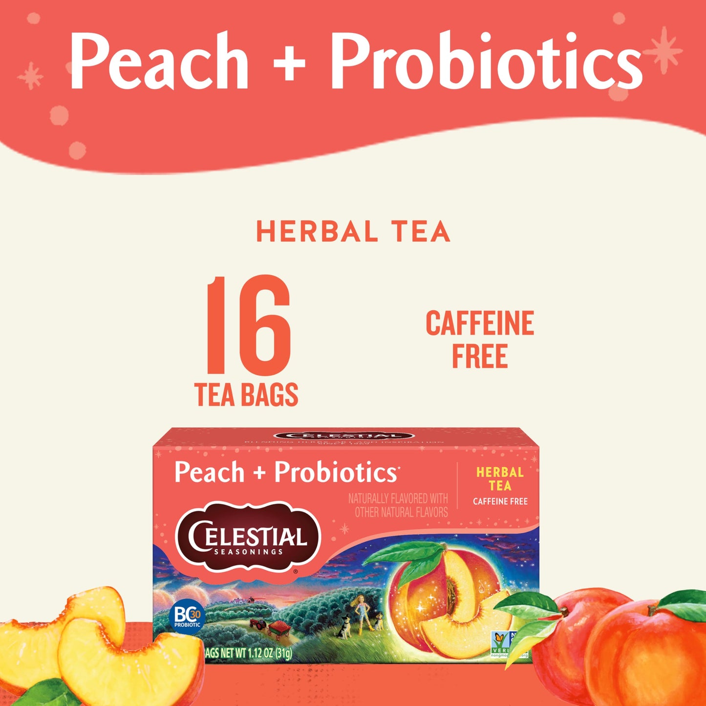Celestial Seasonings Peach Probiotics Herbal Tea, Caffeine Free, 16 Count (Pack of 6)