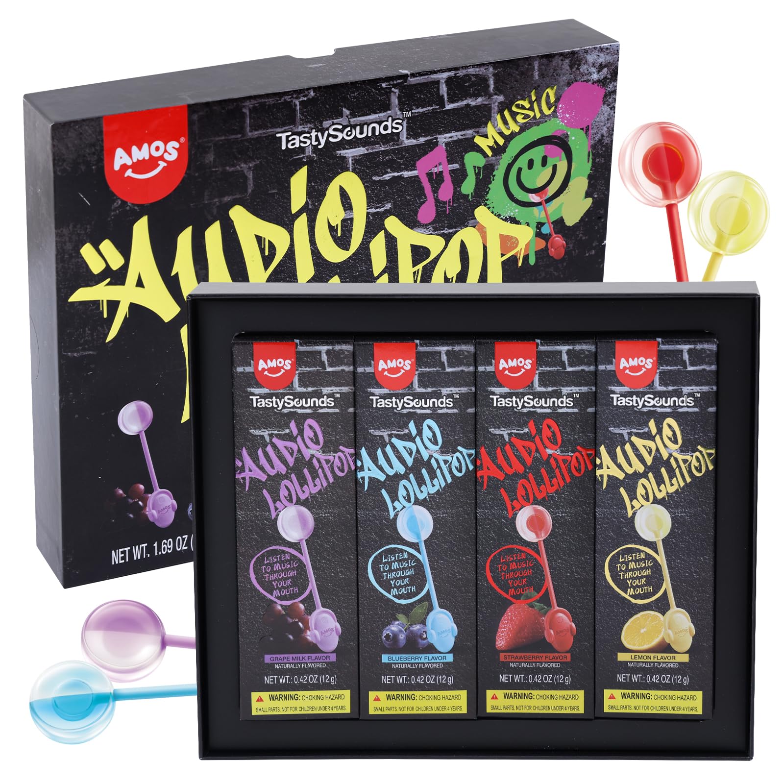 Amos Music Lollipop Candy Suckers – Tastysounds Audio Hip Hop Singing Lollipop, Assorted Fruit Flavors, Sugar-Free, Low-Calorie Snack, 4-Pack Gift Box