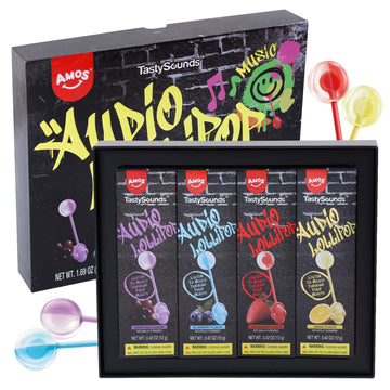 Amos Music Lollipop Candy Suckers – Tastysounds Audio Hip Hop Singing Lollipop, Assorted Fruit Flavors, Sugar-Free, Low-Calorie Snack, 4-Pack Gift Box
