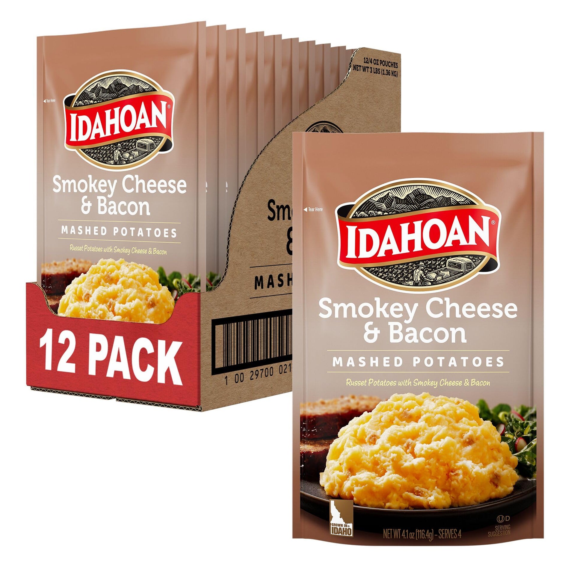 Idahoan Smoky Cheese & Bacon Mashed Potatoes, Naturally Gluten-Free, 100% Real Idaho Potatoes, 4 servings per bag, 4 ounce (Pack