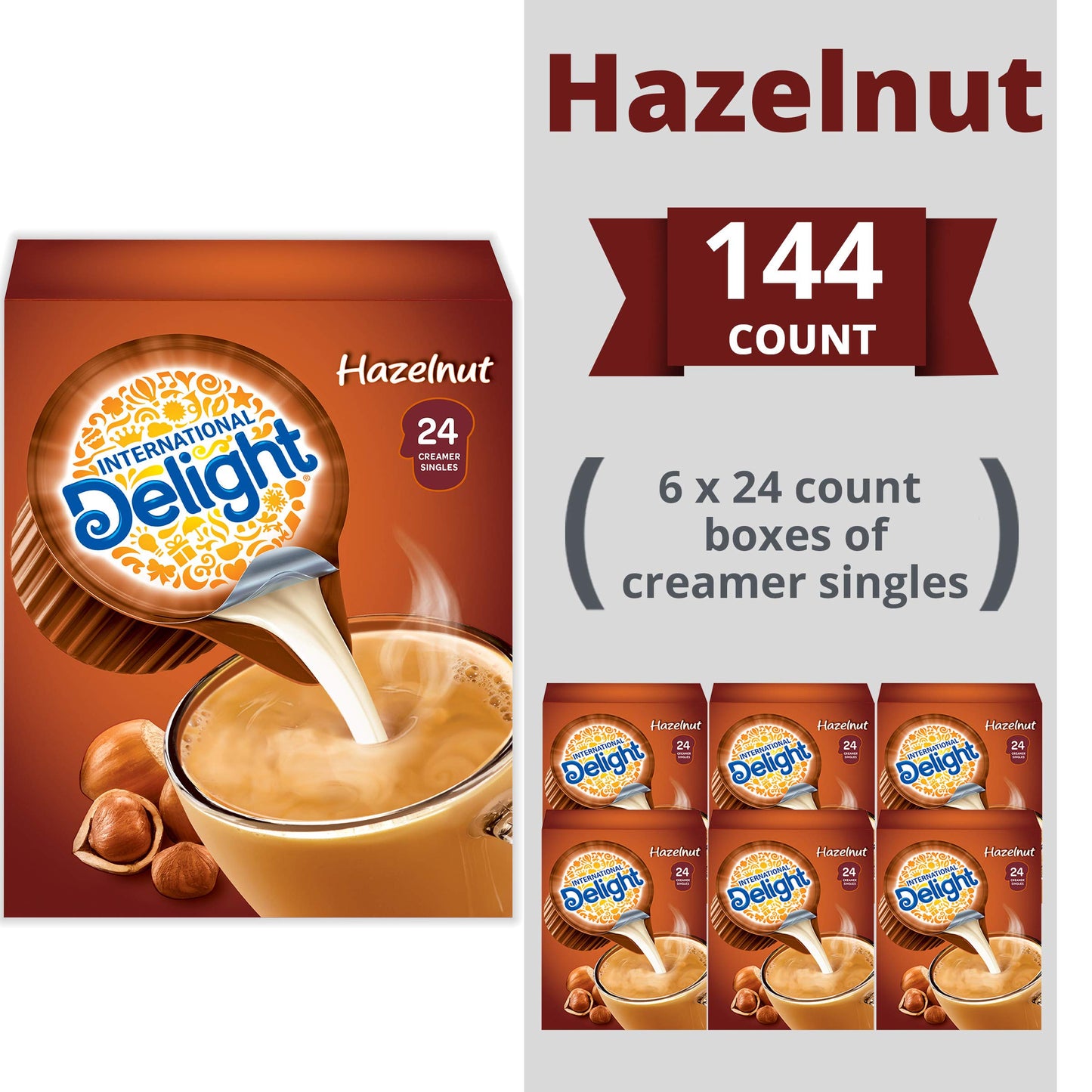 International Delight Coffee Creamer Singles, Hazelnut, 24 Count, Pack Of 6