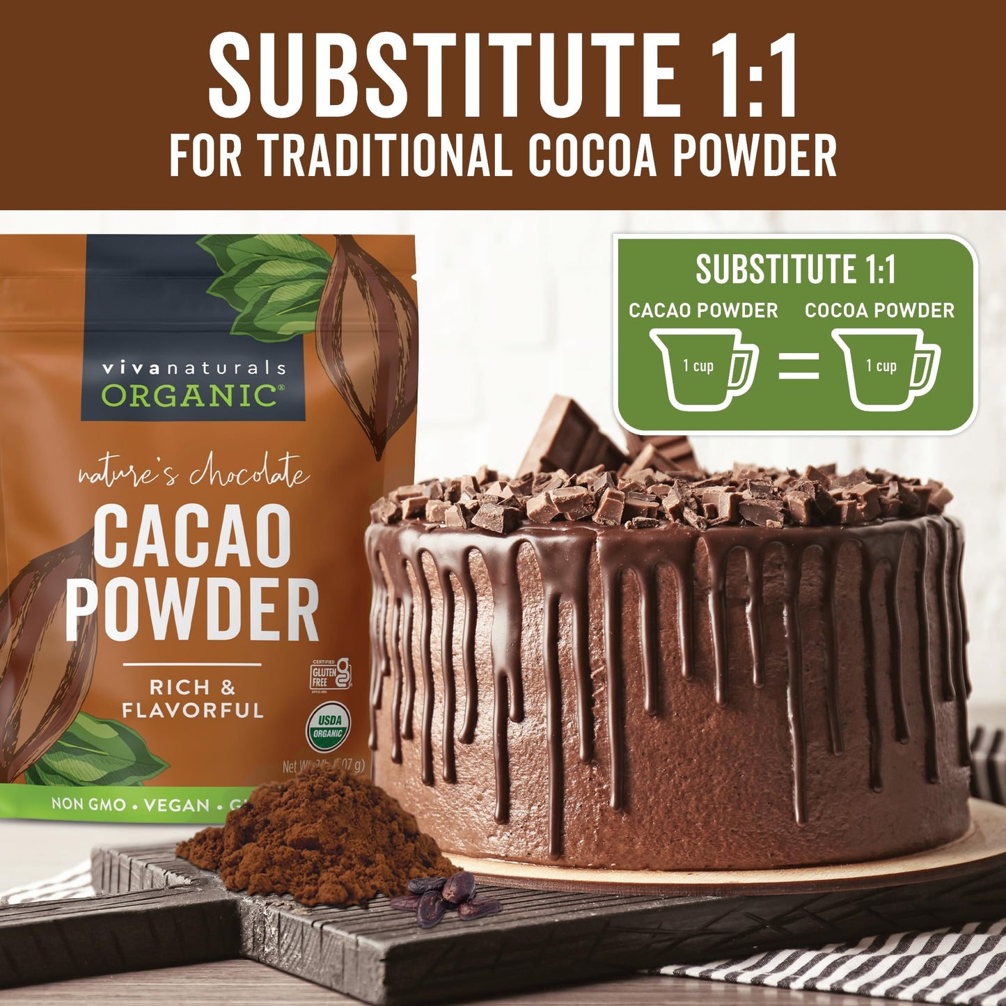Viva Naturals Organic Cacao Powder, Unsweetened, 2 lb, Vegan, Keto, Gluten-Free