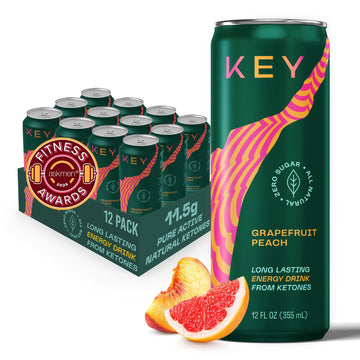 KEY Ketone Energy Drink - Sugar Free, 80mg Low Caffeine, 11.5g Ketones, Grapefruit Peach Flavor, 12 Pack