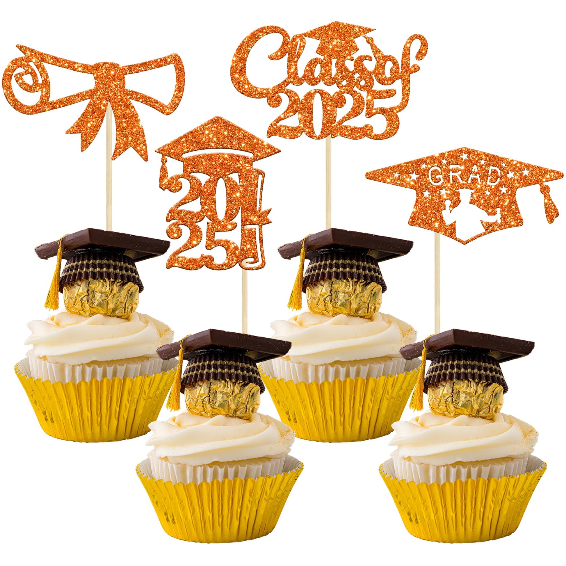 Gyufise 24Pcs 2025 Graduation Cupcake Toppers Orange Glitter Congrats Class Of 2025 Diploma Grad Cap Cupcake Picks Decoratiosn For 2025 Graduation Theme Party Supplies