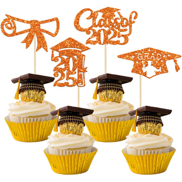 Gyufise 24Pcs 2025 Graduation Cupcake Toppers Orange Glitter Congrats Class Of 2025 Diploma Grad Cap Cupcake Picks Decoratiosn For 2025 Graduation Theme Party Supplies