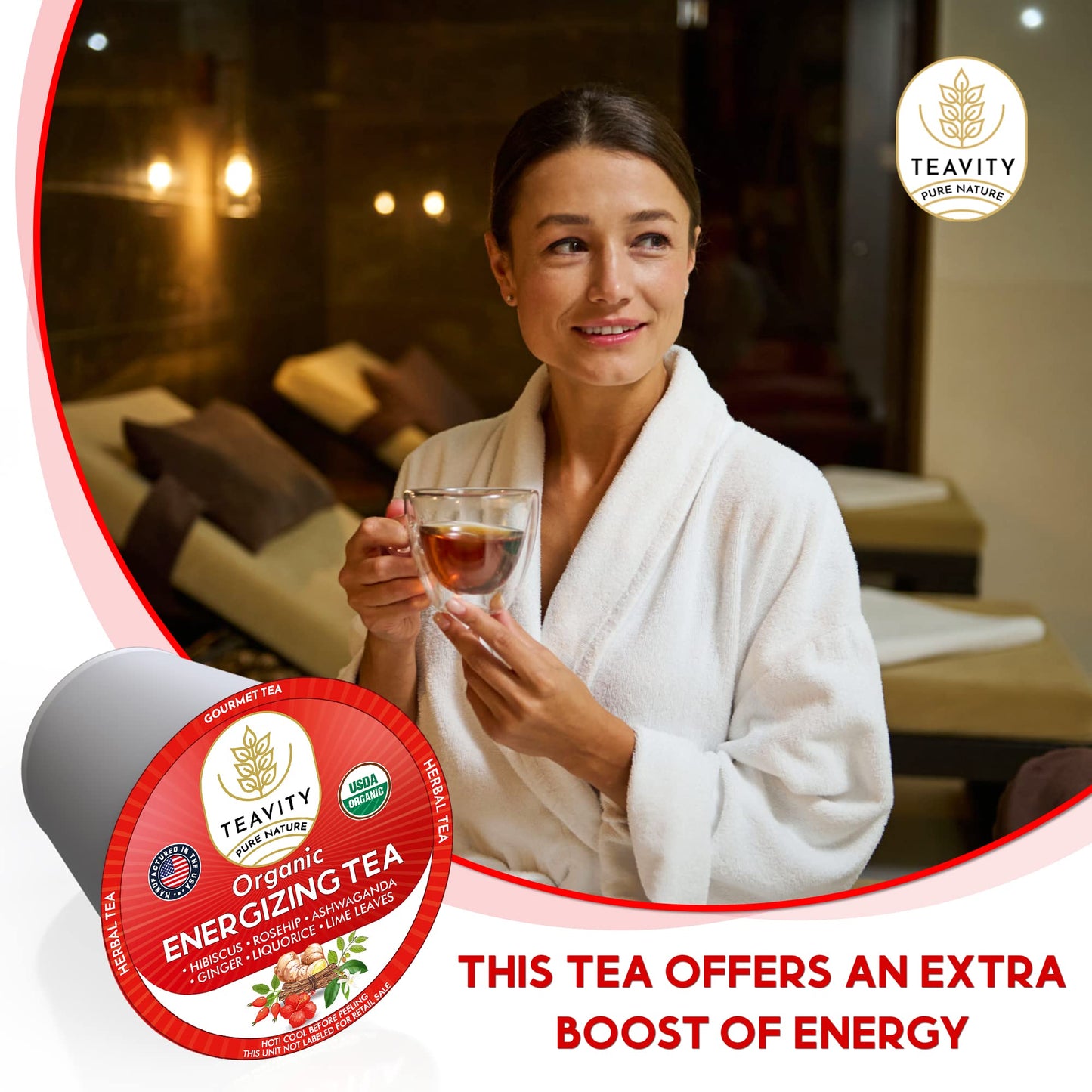 Organic Ashwagandha Tea Pods For Keurig With Ginger, Licorice, Organic Hibiscus Sabdariffa, Rosehip, & Lime - Decaf Herbal Tea - Energizing Tea By Teavity (12 Tea Pods)
