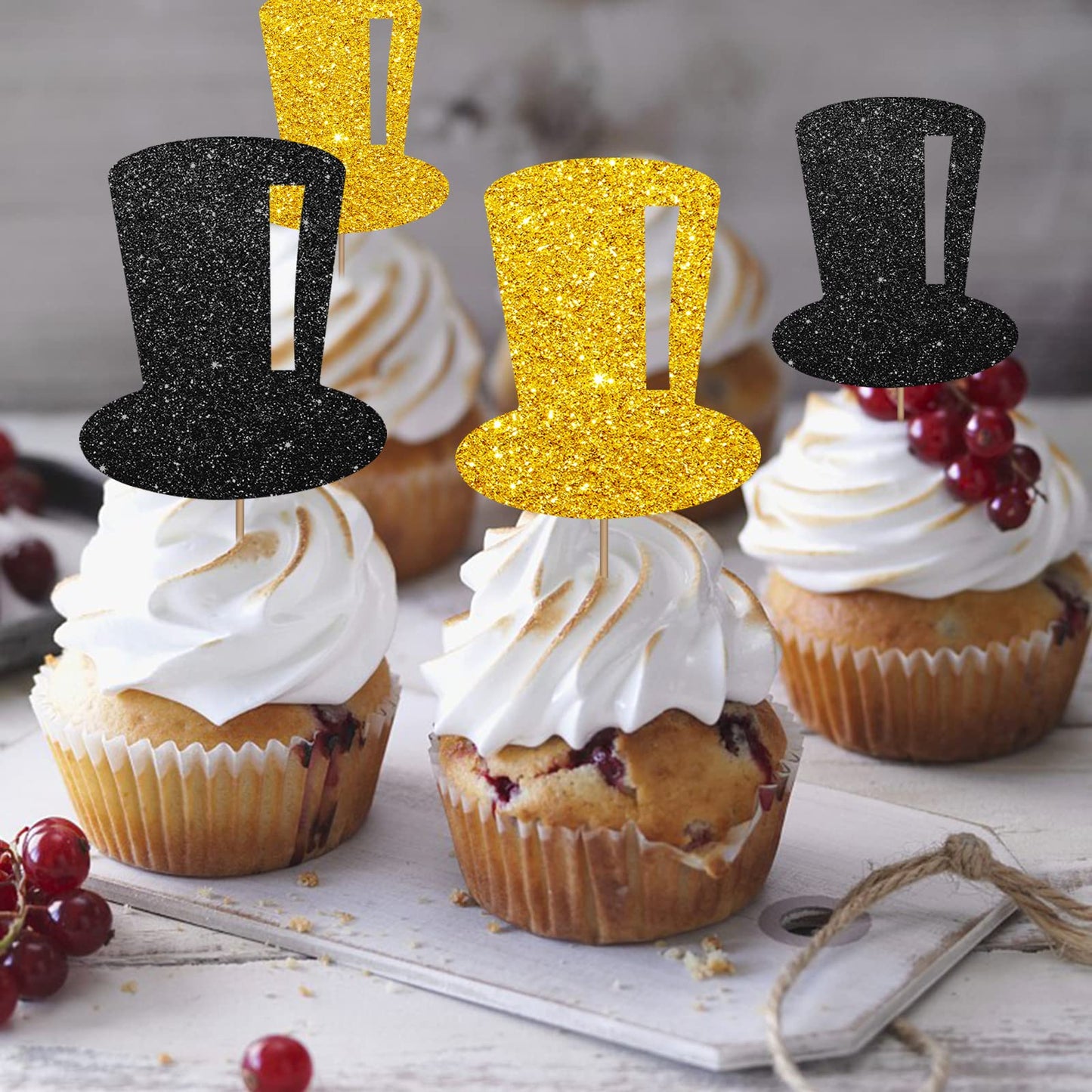 24Pcs Tophat Cupcake Toppers, Hat Cupcake Topper For Boys, Little Boy Food Picks, Magic Themed Birthday Party Decoration - Black