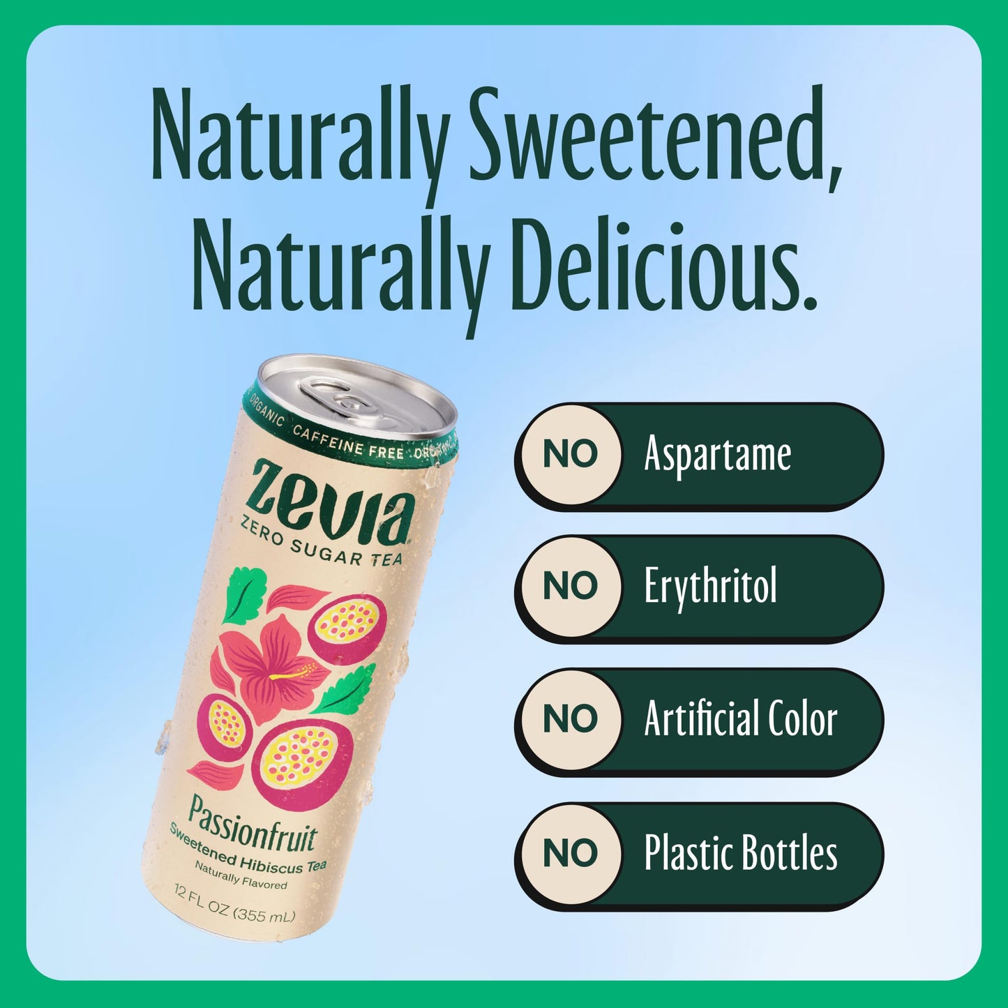 Zevia Organic Sugar Free Iced Tea, Caffeine Free Hibiscus Passionfruit, 12 Fl Oz, Pack of 12, Natural