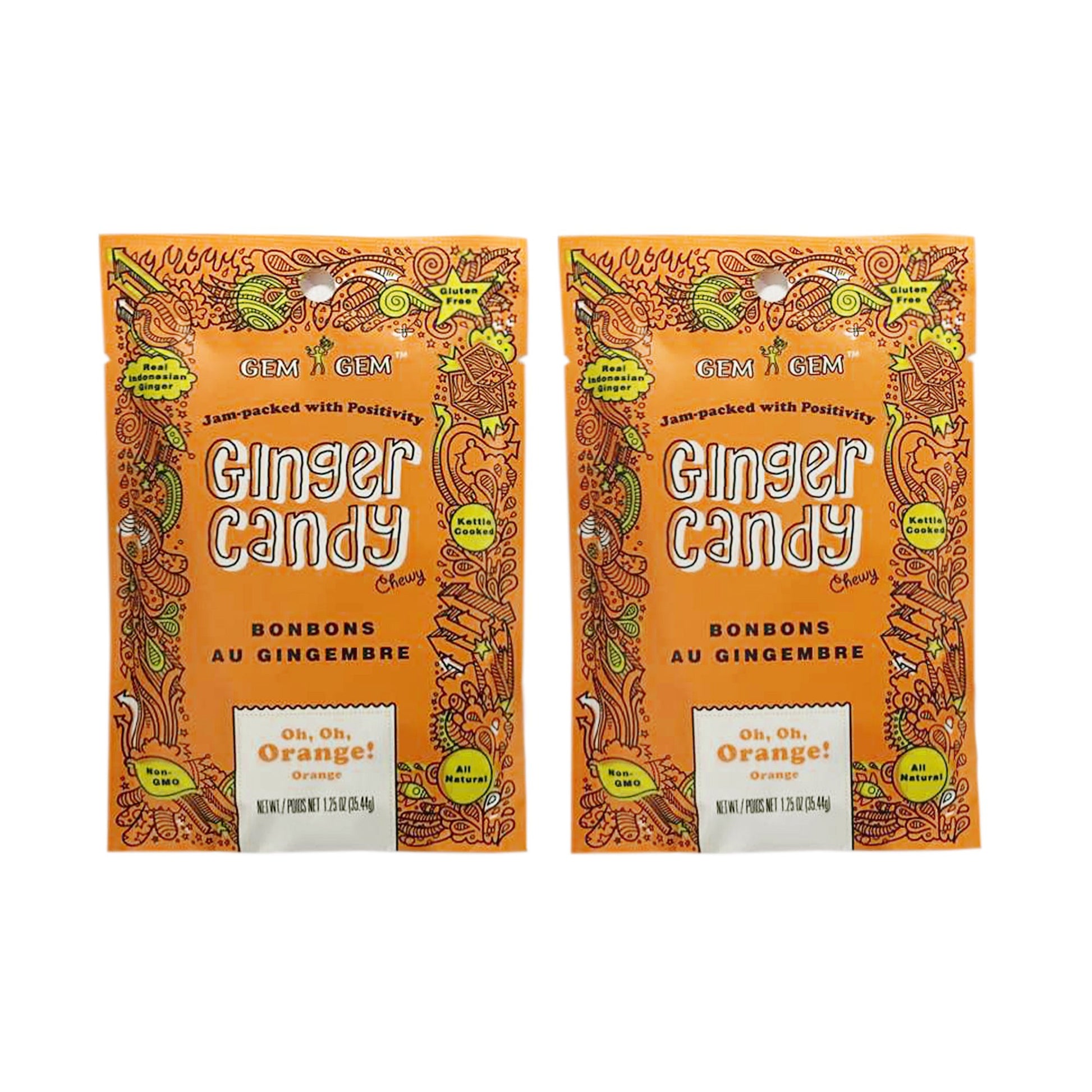 Gem Gem All Natural Chewy Ginger Candy 1.25Oz (Orange, 2 Pack)